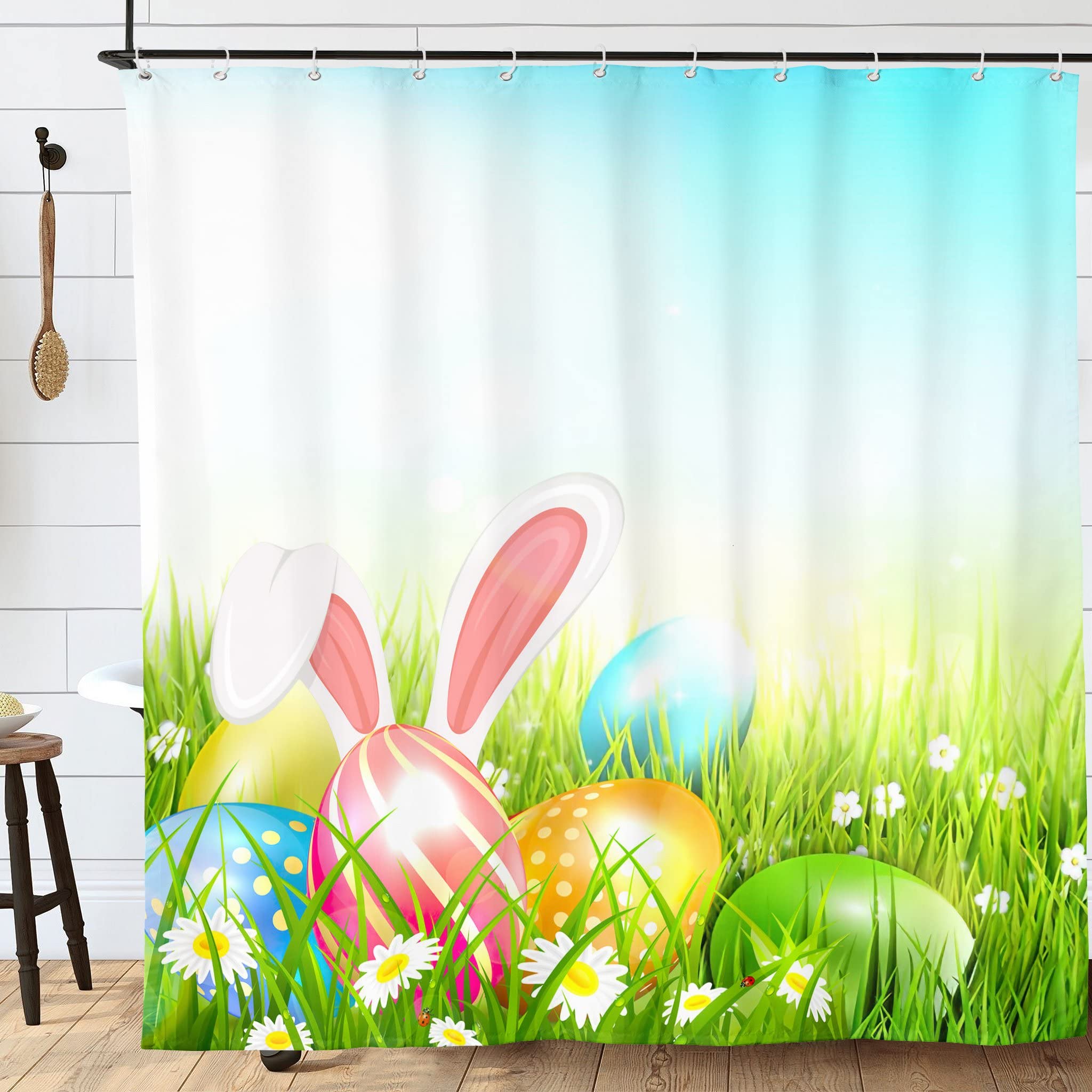 Happy Easter Shower Curtain - Spring Bunny with Eggs in Grass & Flowers Cartoon Design, Waterproof Bathroom Decor (72x72 Inch) - Perfect for Easter Home Decor & Spring Bathroom Makeover
