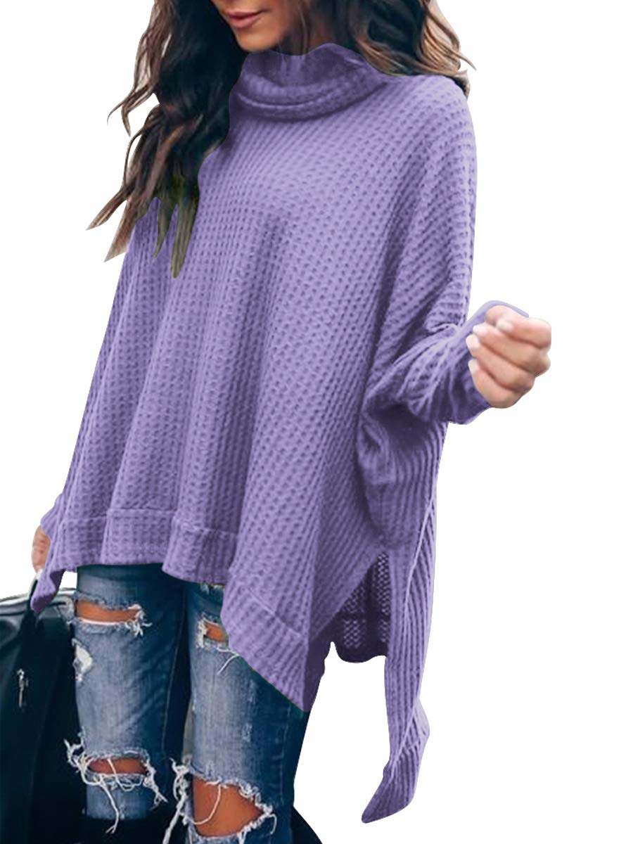 Caracilia Women's Oversized Turtle Neck Batwing Sleeve Waffle Knit Pullover Sweater - Loose Fit High-Low Tunic Top for Casual Wear & Winter Fashion