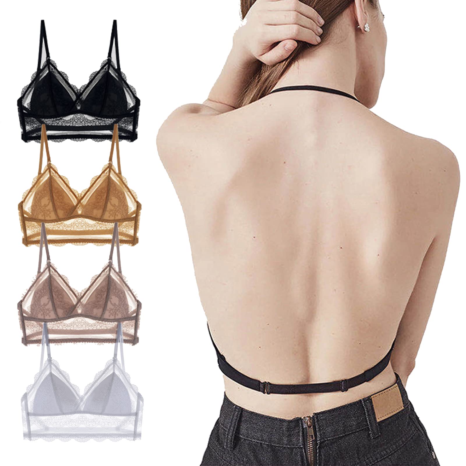 Low Back Triangle Cup Women's Lingerie - Backless Invisible Wireless Push Up Bra with Lace Design for Wedding, Evening Dress & Special Occasions