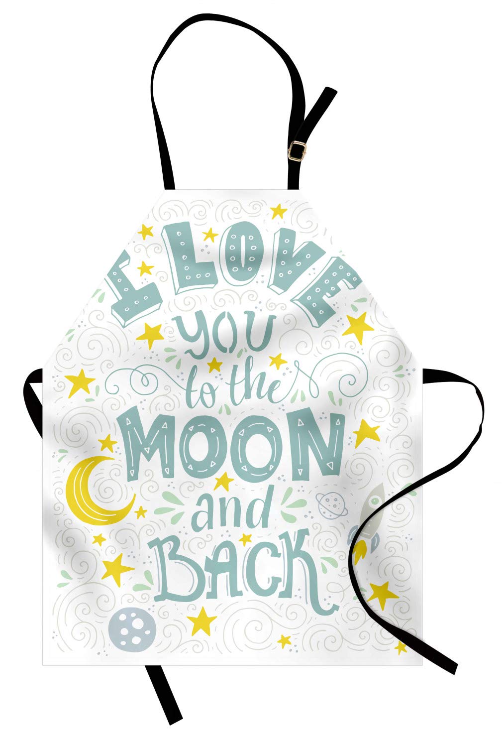 Ambesonne 'I Love You to the Moon and Back' Apron - Crescent Moon, Stars & Galaxy Print - Adjustable Unisex Kitchen Bib for Cooking, Baking & Gardening - Adult Size White Pale Seafoam - Perfect for Romantic Dinners, Outdoor BBQs & Space-Themed Parties