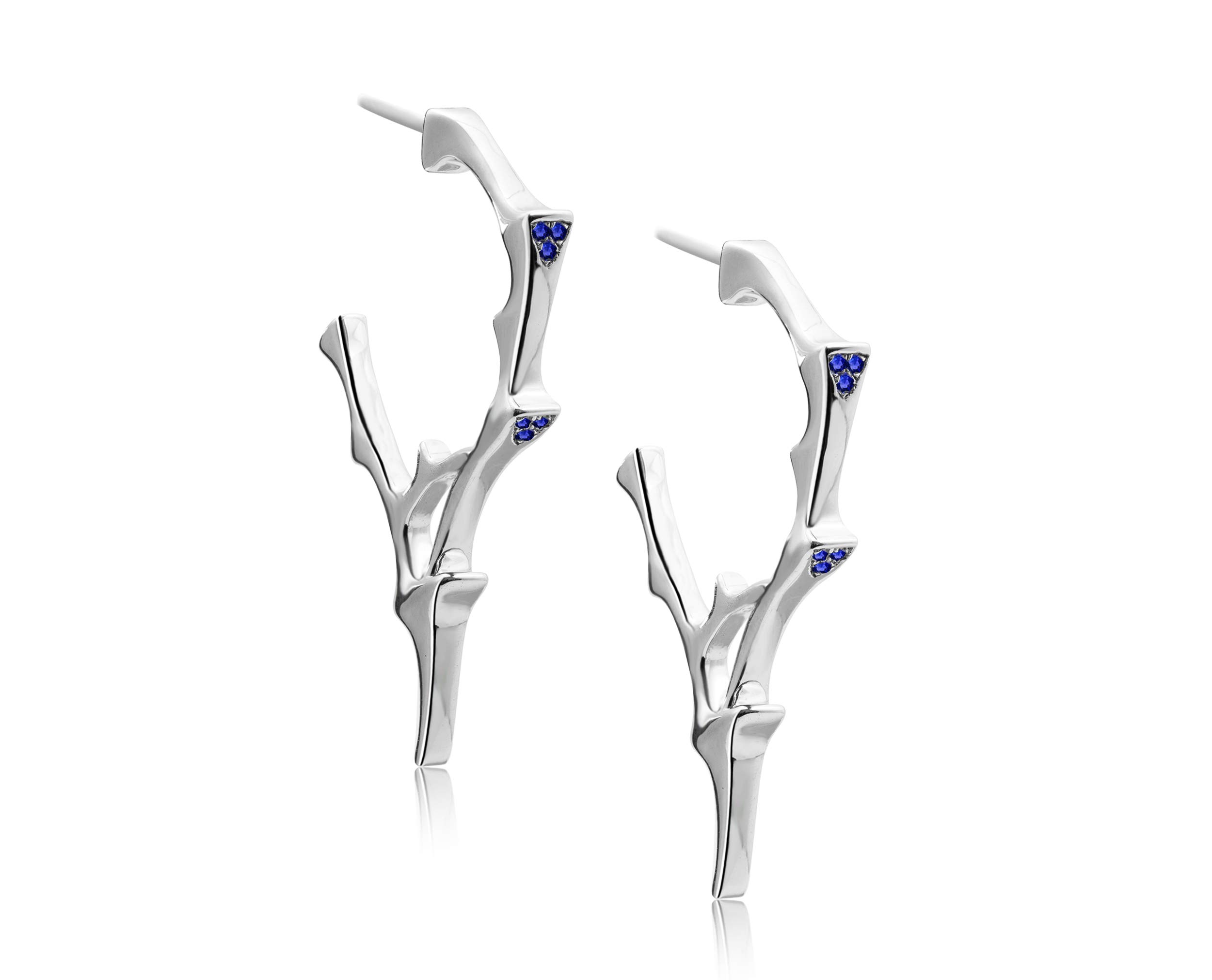 Gothic Hoop Earrings with Spikes - Silver Branch Thorn Twig Earrings - Witch Wiccan Jewelry - Blue Sapphire Nature Inspired Earrings for Women - Perfect for Halloween, Cosplay, and Boho Fashion