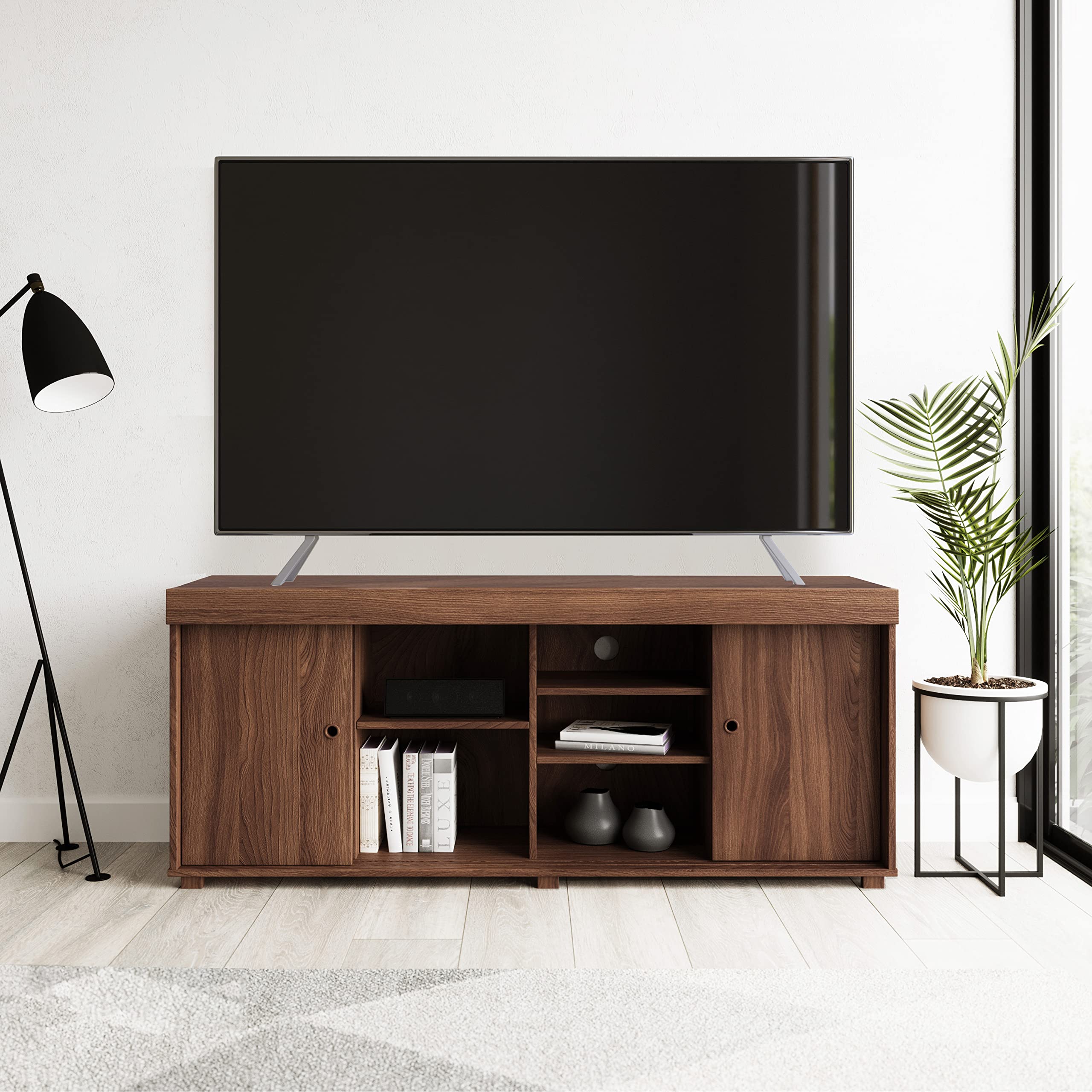 Techni Mobili TV Stand with Storage - Walnut Finish Entertainment Center for Living Room, Bedroom, or Home Theater - Modern TV Console with Shelves for Media & Electronics Organization