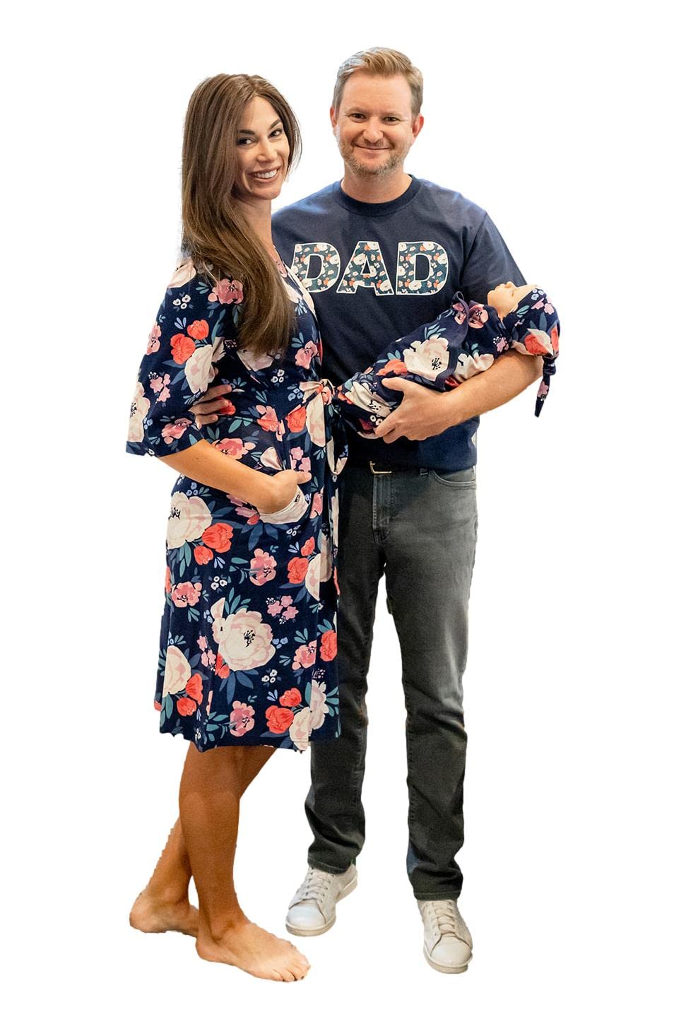 Baby Be Mine Maternity Nursing Robe & Swaddle Blanket Set with Daddy T-Shirt - Soft Delivery Gown for New Moms & Newborn Baby Girl (Small/Medium, Annabelle Print) - Perfect for Hospital Birth, Breastfeeding & Family Photo Shoots