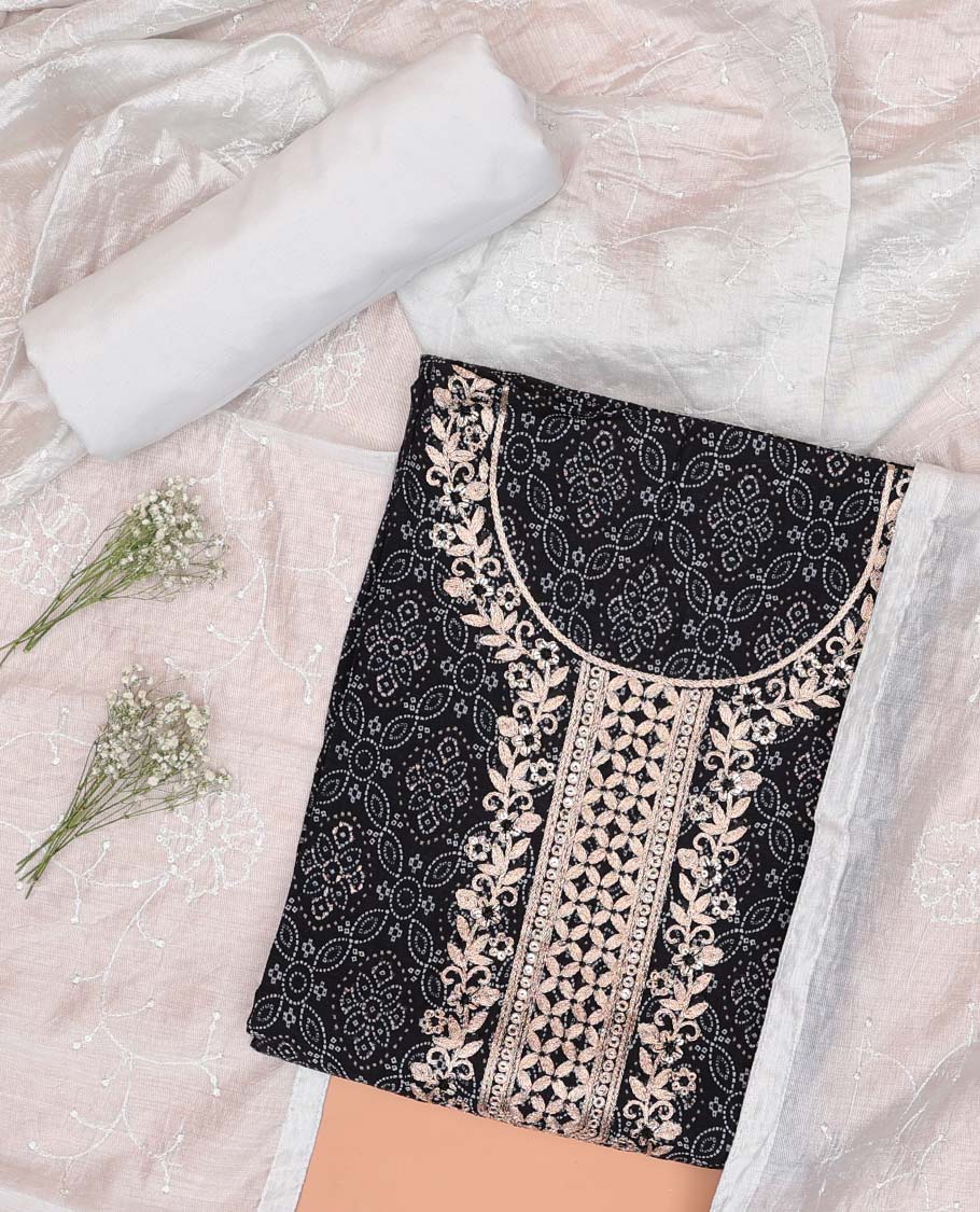 Black Floral Printed Chudidhar Set with Embroidered Sequin Top, Plain Bottom & Embroidered Dupatta - Perfect for Indian Weddings, Festivals & Special Occasions