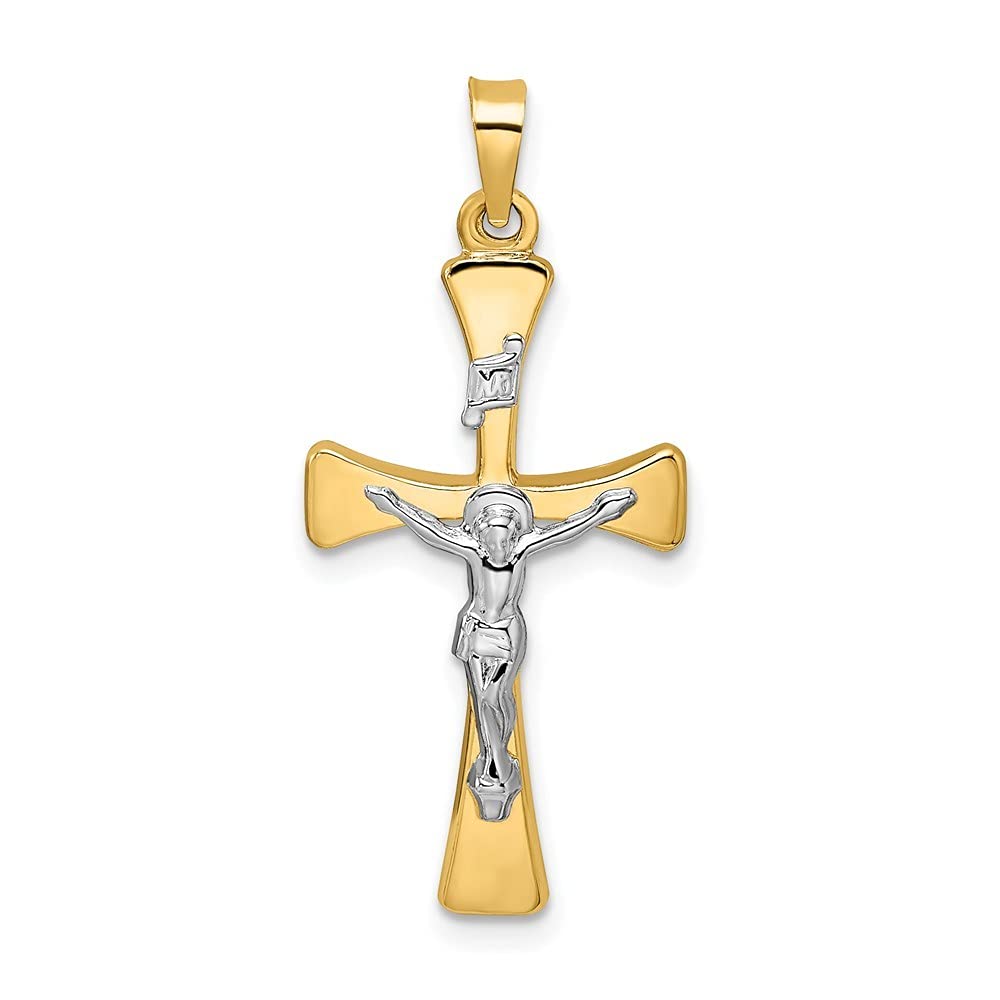 14K Two-Tone Gold Hollow Cross Pendant Necklace - Religious Faith Jewelry for Women, Perfect Gift for Baptism, Confirmation & Everyday Wear