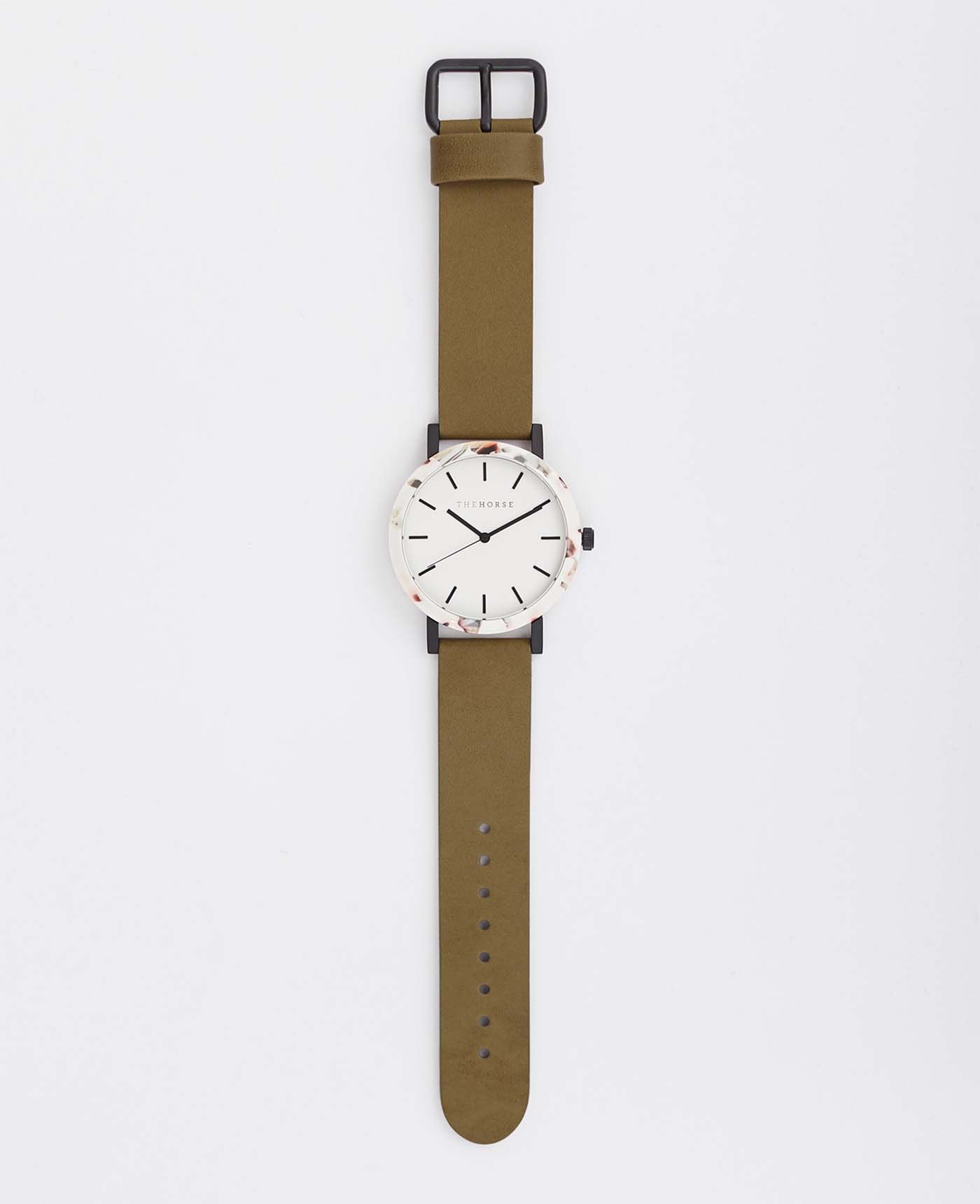 Resin Nougat Shell Watch with White Dial & Olive Leather Strap - Perfect for Casual, Business, and Outdoor Activities