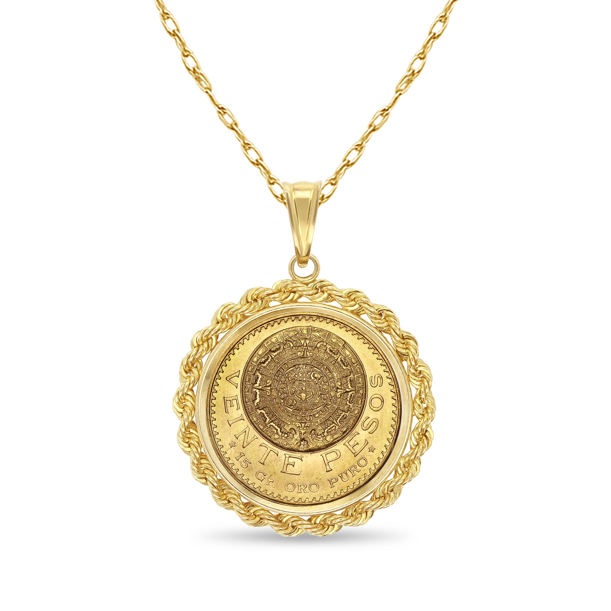 14K Yellow Gold Veinte Pesos Coin Necklace with Rope Bezel - Perfect for Everyday Wear, Gifts & Special Occasions