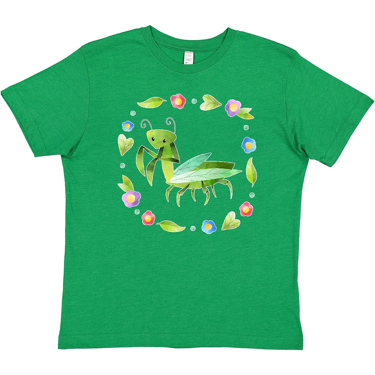Inktastic Praying Mantis with Flowers and Leaves Youth T-Shirt - Cute Bug Graphic Tee for Kids, Boys & Girls - Perfect for School, Playdates & Nature Lovers