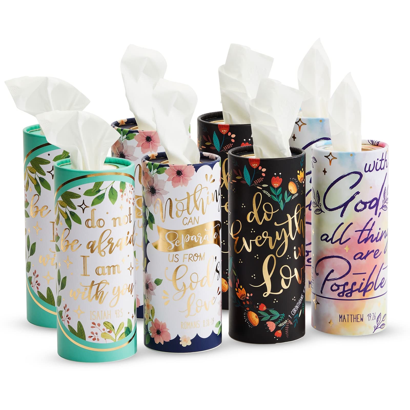 Zodaca 8-Pack Car Tissue Holder for Cup Holder - Round Travel Wipes Dispenser with 50 Tissues Per Box, Gold Foil Scripture Design | Perfect for Car, Office, and Home Use