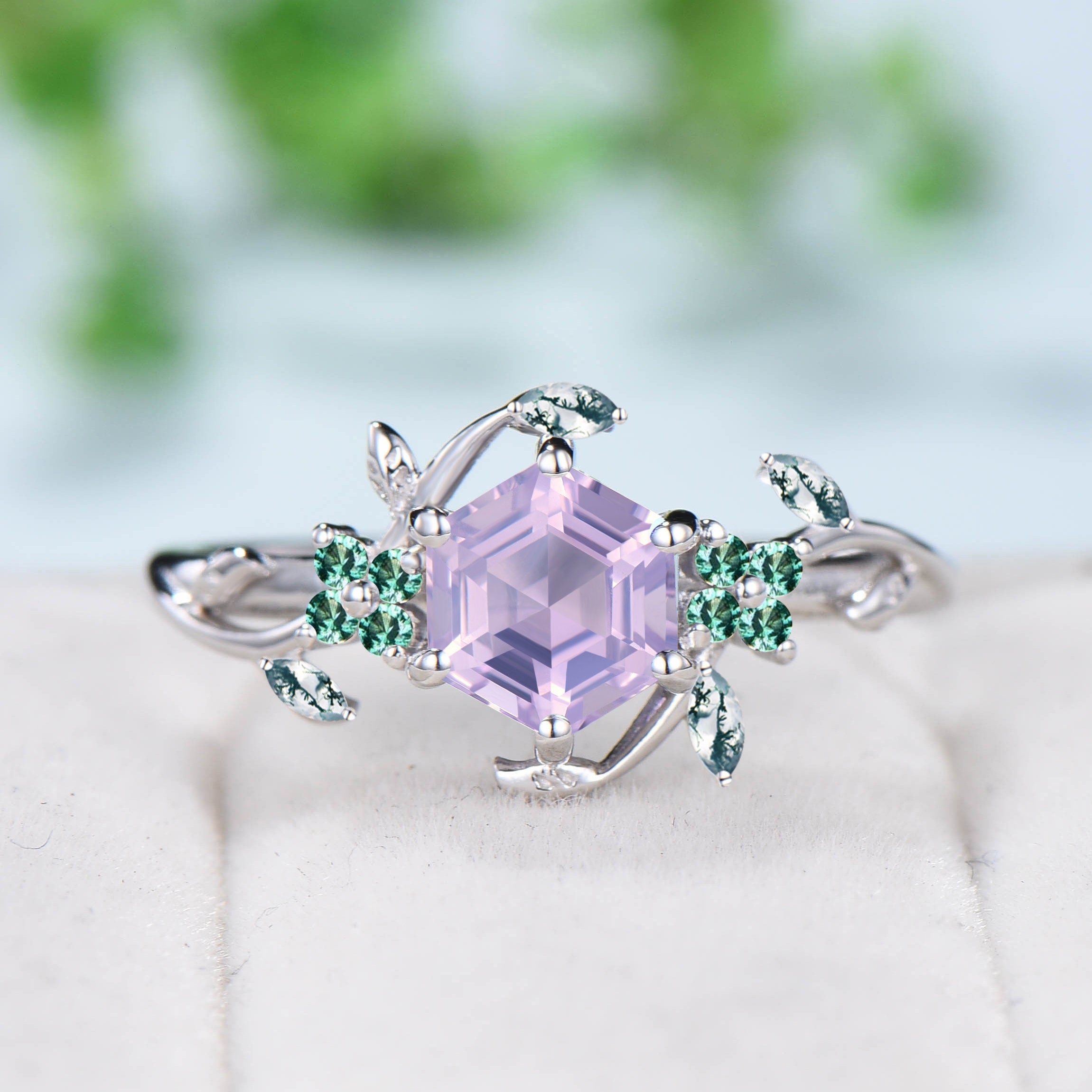 Elegant Hexagon Lavender Amethyst Ring - Vintage Twig Engagement Ring with Marquise Moss Agate - Natural Inspired Emerald Wedding Band - Perfect for Boho Brides, Nature Lovers & Unique Jewelry Collectors