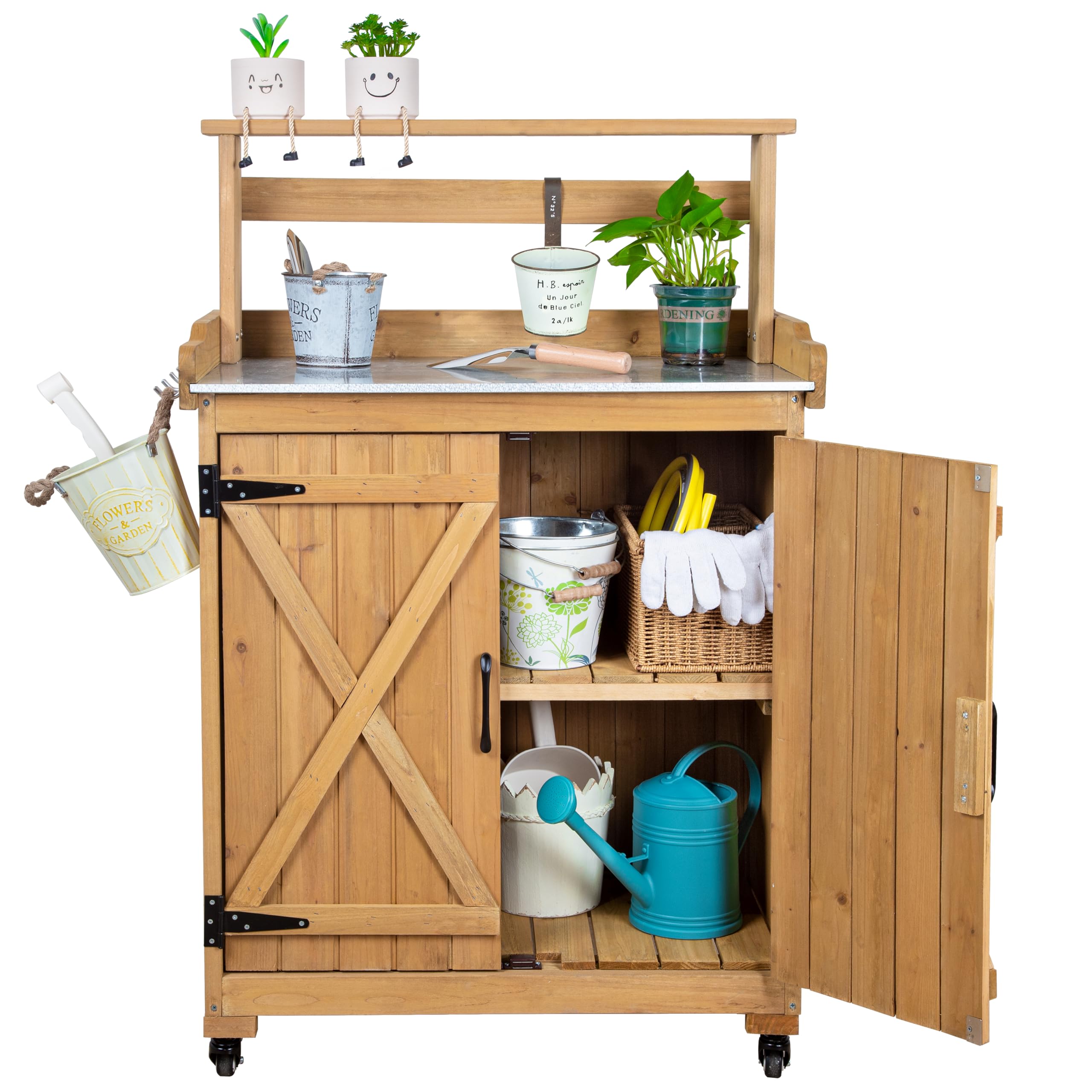 Outdoor Potting Bench with Storage - Weatherproof Garden Work Table with Metal Top & Wheels - Perfect for Planting, Gardening & Outdoor Organizing