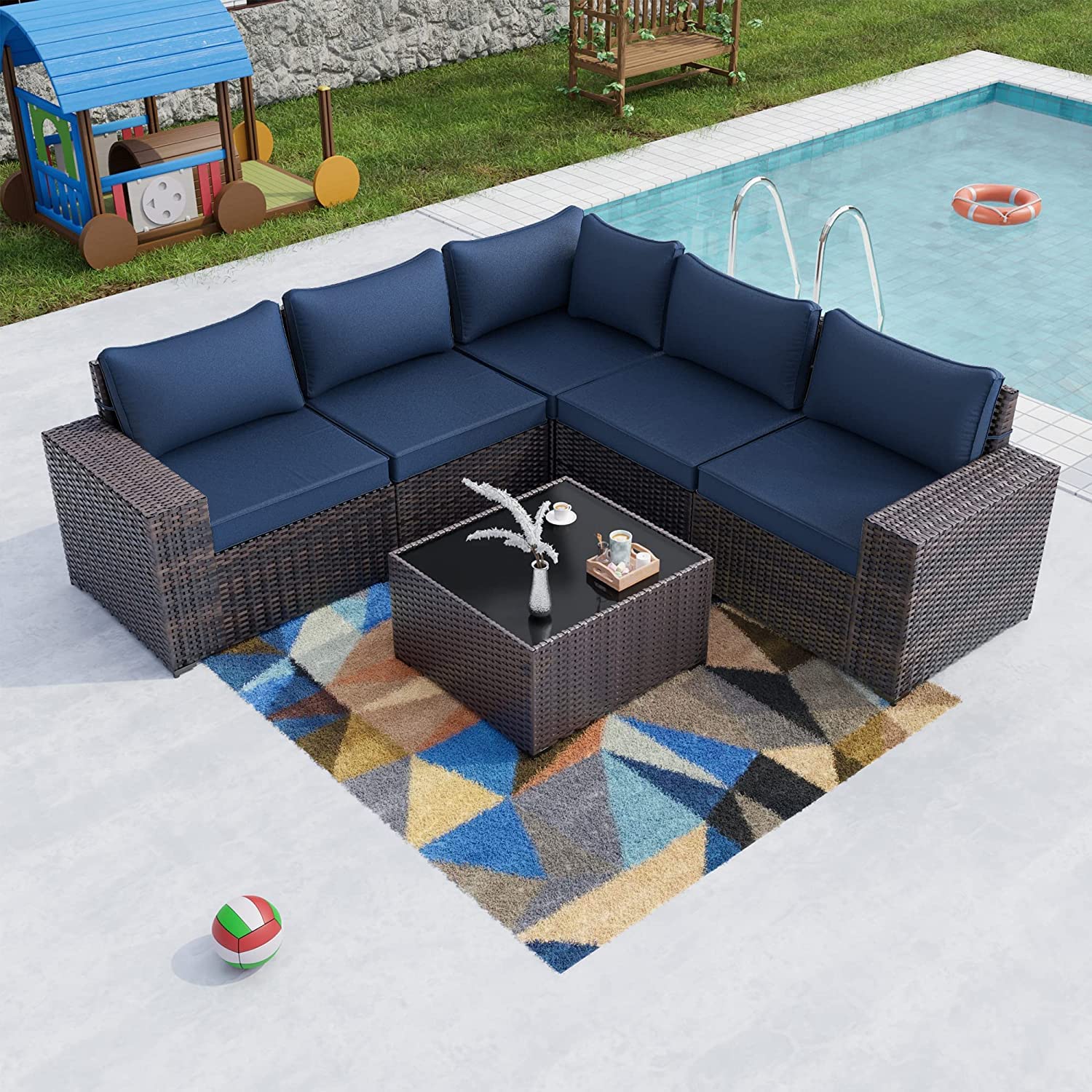 6-Piece Outdoor Patio Furniture Set - PE Wicker Rattan Sectional Sofa Conversation Set in Navy Blue for Garden, Poolside & Backyard Relaxation