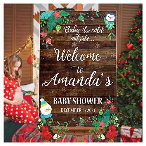 Custom Wooden Christmas Baby Shower Welcome Sign - Holiday Party Decorations for Baby Shower & Christmas Celebrations - Personalized Poster in 24x16, 36x24, 48x32 Inches - Perfect for Nursery Decor, Gender Reveal Parties & Holiday Photo Backdrops