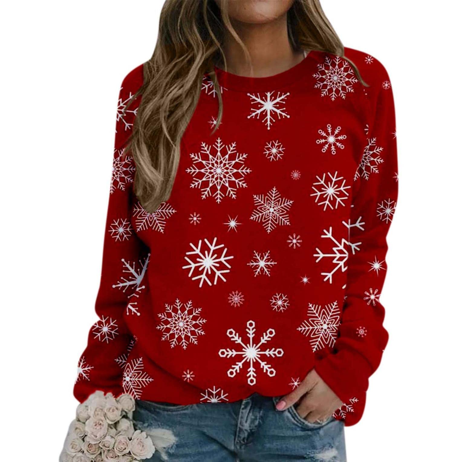 Vintage Women's Sweatshirts - Cute Reindeer Print Christmas Long Sleeve Tops for Casual & Dressy Wear | Perfect for Holiday Parties, Gift Giving & Cozy Winter Outfits