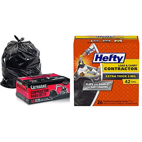 Heavy Duty Contractor Trash Bags 42 Gallon - 26 Count | Ultra Strong & Durable Large Garbage Bags for Construction, Demolition & Yard Waste | RU CONTRACTOR 50 by Hefty Load & Carry | Ideal for Home Renovation, Landscaping & Industrial Use