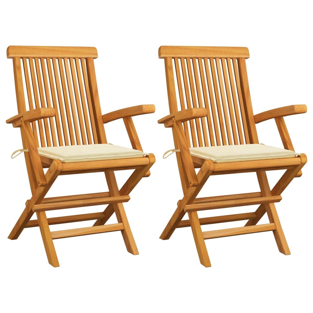 WELLIKEA 2-Piece Solid Teak Wood Patio Chairs with Cream Cushions - Outdoor Garden Furniture Set for Backyard, Poolside & Deck Relaxation
