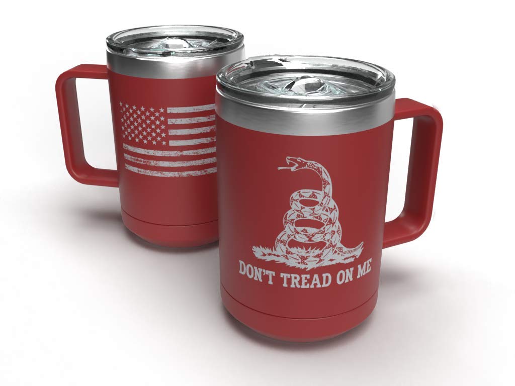 FRINGEkreative Gadsden Flag 'Don't Tread On Me' Snake Design Stainless Steel Wine Tumbler & Coffee Travel Mug with Lid - 15 oz Insulated Cup for Hot/Cold Drinks - Perfect Gift for Men, Dad, Patriots - Great for Camping, Office, Road Trips (Maroon)