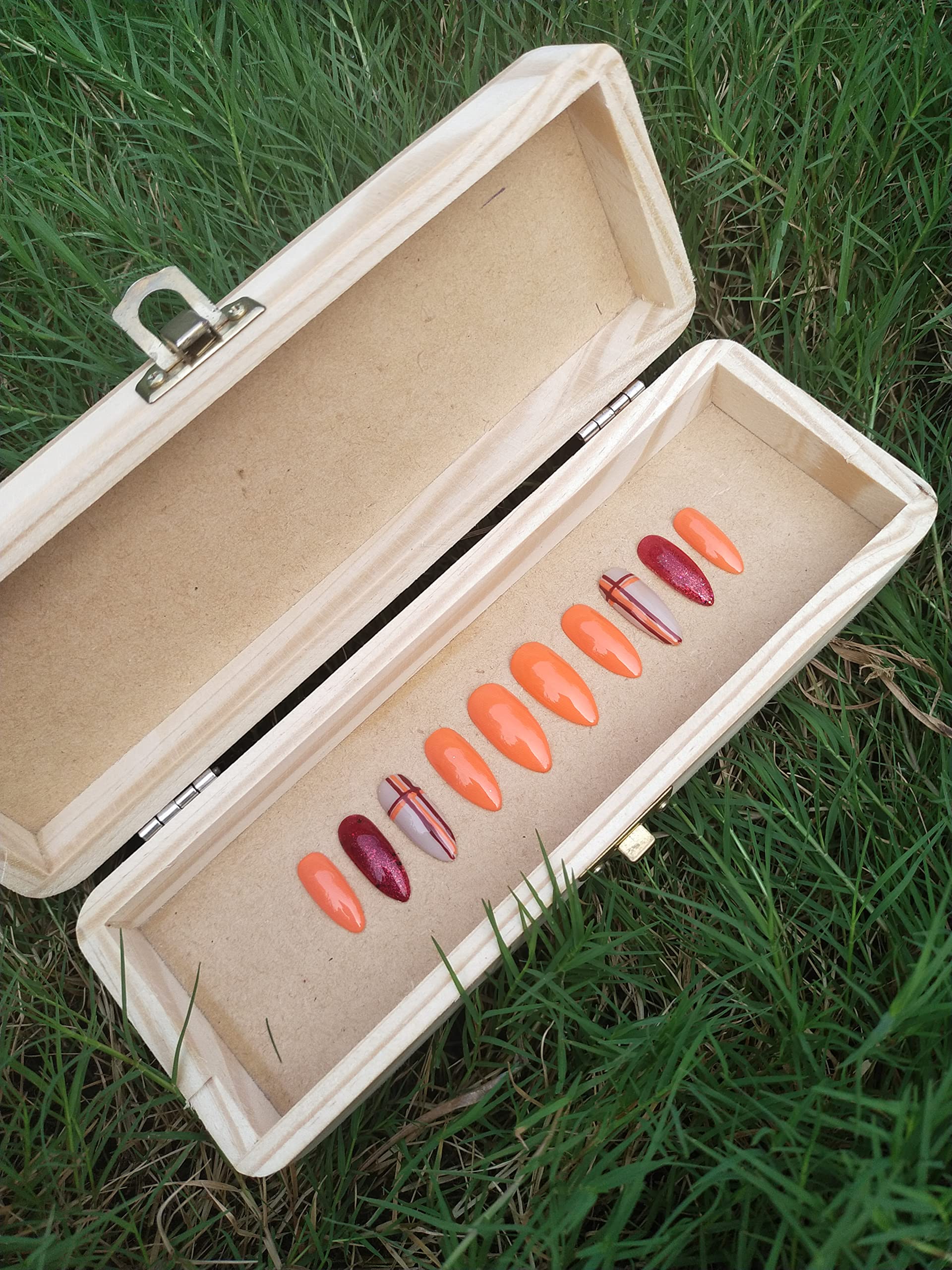 Reusable Handmade Artificial Nails - 10 Piece Orange Fall Nails Set (Small Size) | Natural-Looking Fake Nails for Halloween, Thanksgiving, Parties & Special Occasions