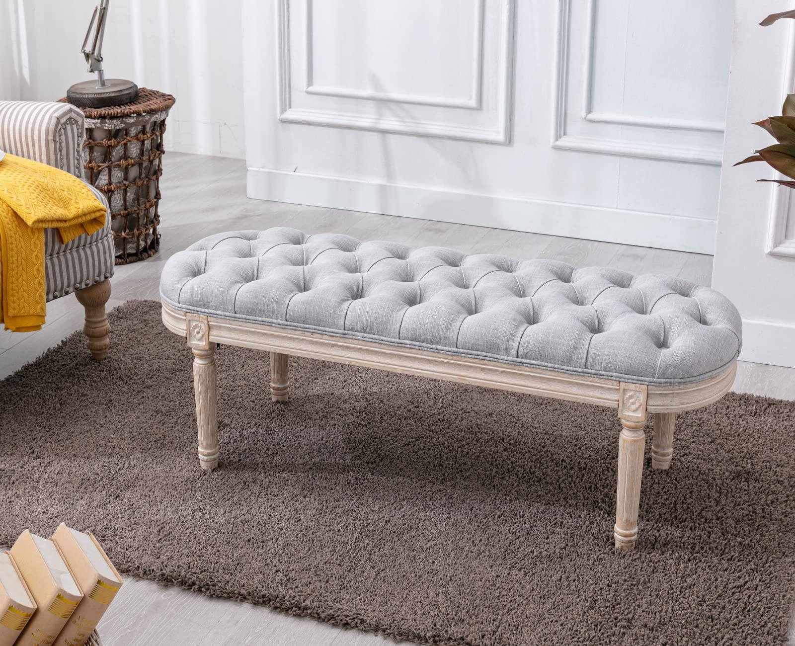 EALSON Farmhouse Style Button Tufted Ottoman Bench - Upholstered Storage Bench with Padded Seat & Wooden Legs for Bedroom, Living Room, Entryway, Foyer - Linen Grey - Perfect for Bed End, Hallway Decor & Extra Seating