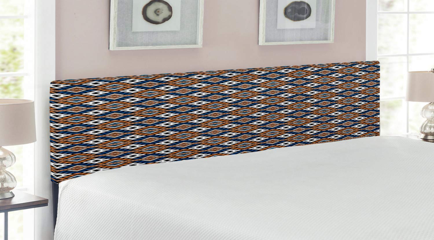 Ambesonne Boho Headboard - King Size Upholstered Decorative Metal Bed Headboard with Memory Foam, Geometric Bohemian Pattern in Orange Blue & White - Perfect for Master Bedroom, Guest Room & Bohemian Style Home Decor