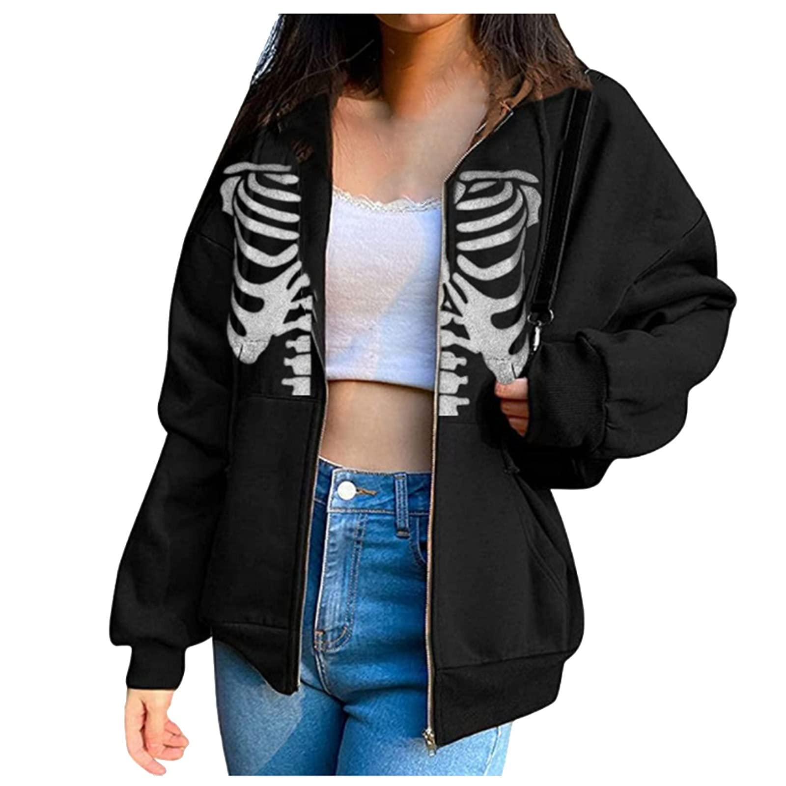 Women's Rhinestone Pocket Zip Up Hoodie - 90s Streetwear Sweater with Athletic Fit | Casual Wear, Gym, Running, Outdoor Activities