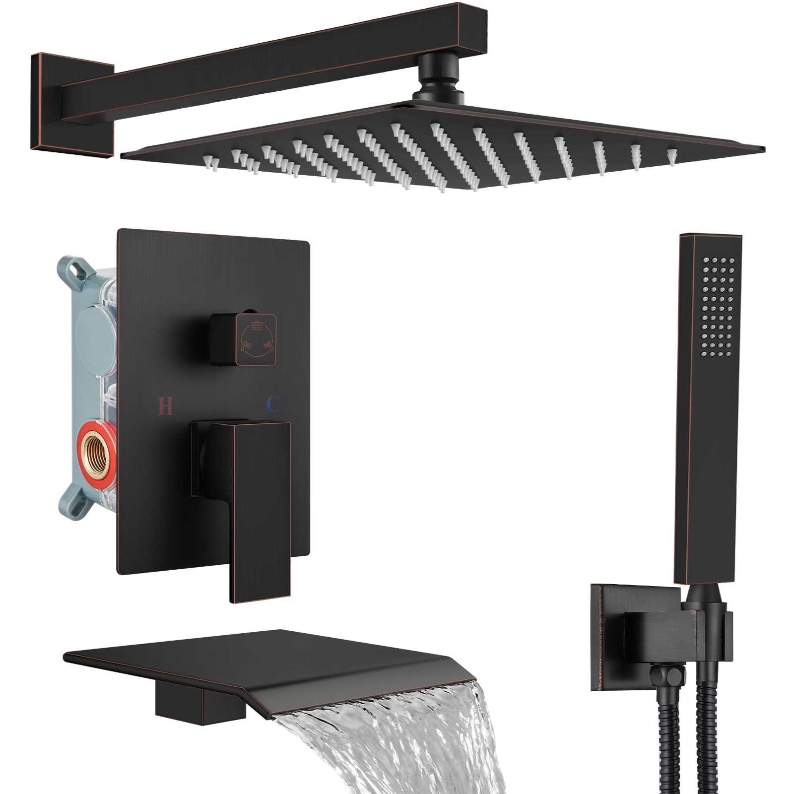 Midanya 12 Inch Oil Rubbed Bronze Rain Shower System - Square Rainfall Shower Head with Handheld Sprayer, Waterfall Tub Spout & Rough-in Valve Shower Mixer Combo for Bathroom & Tub | Luxurious Spa Experience at Home