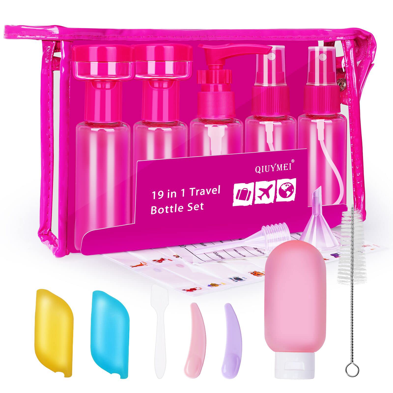 19 Pack TSA Approved Leak Proof Travel Bottles Set - 2oz Refillable Toiletries Containers with Quart Bag for Shampoo, Conditioner & Lotion (Pink) | Perfect for Air Travel, Gym, Camping & Vacation Essentials