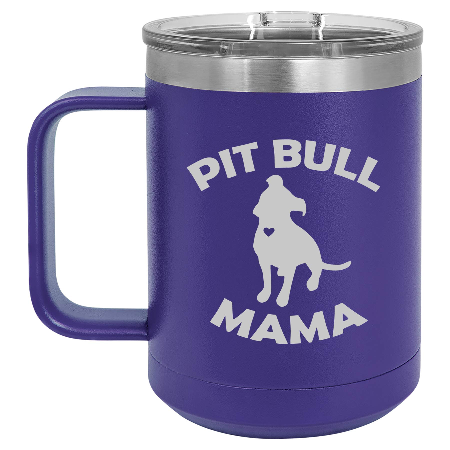 15 oz Vacuum Insulated Stainless Steel Tumbler with Handle & Lid - Leakproof Travel Coffee Mug for Hot & Cold Drinks - Perfect for Office, Gym, Hiking & Car Commutes (Purple, Pit Bull Mama Design)