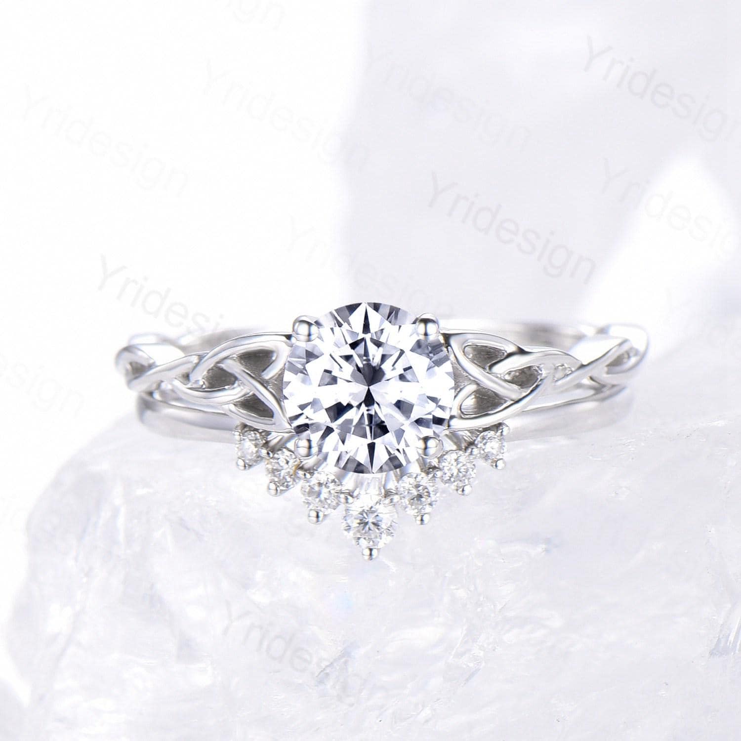 Celtic Love Moissanite Bridal Ring Set - 14K White Gold Elegant Twisted Norse Viking Wedding Band - Lab Grown Diamond Engagement Ring for Women - Handmade Jewelry Gift for Anniversary, Proposal & Special Occasions