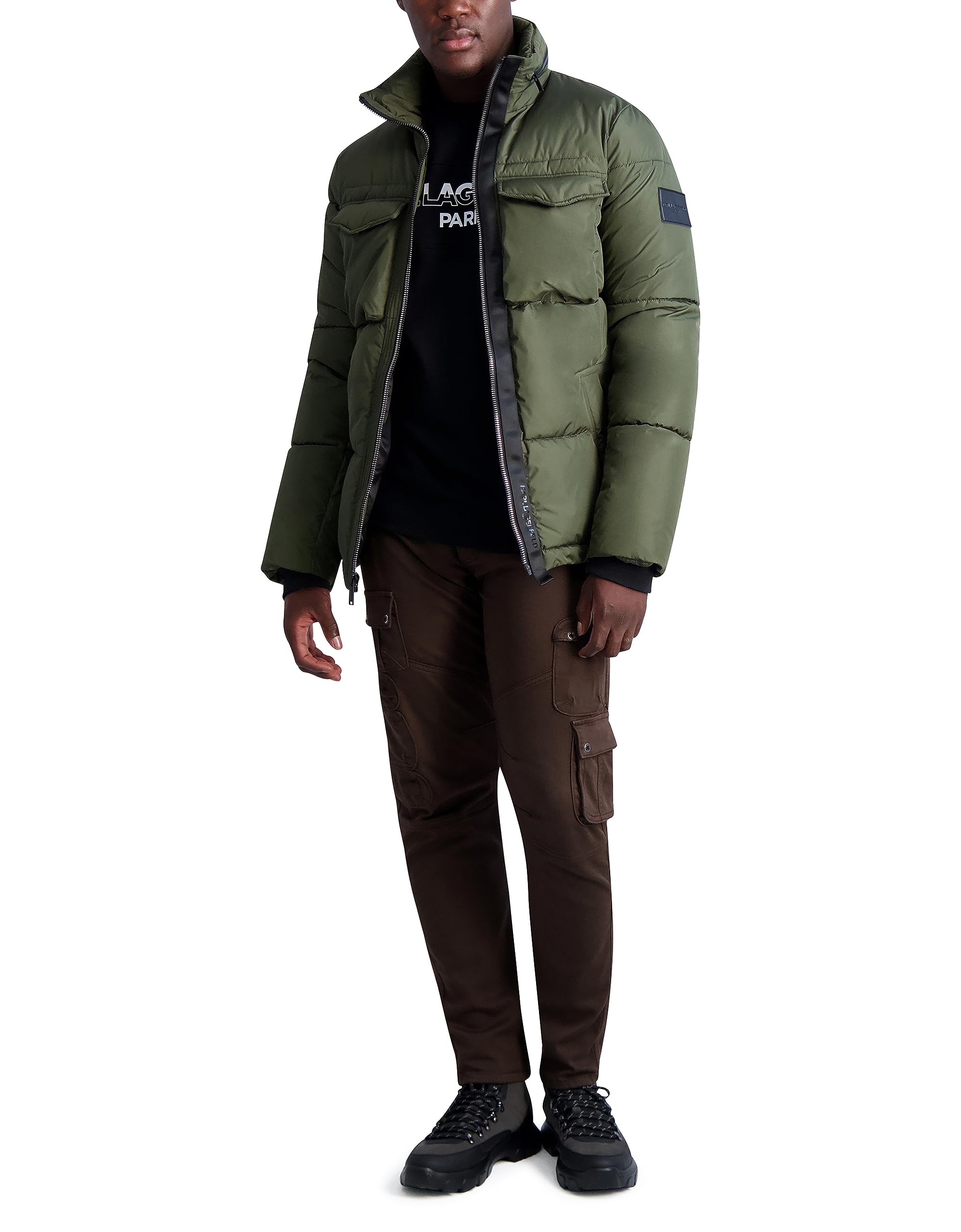 KARL LAGERFELD Men's Quilted Zip-Out Hood Puffer Jacket - Lightweight Winter Coat with Detachable Hood for Outdoor Activities & Casual Wear