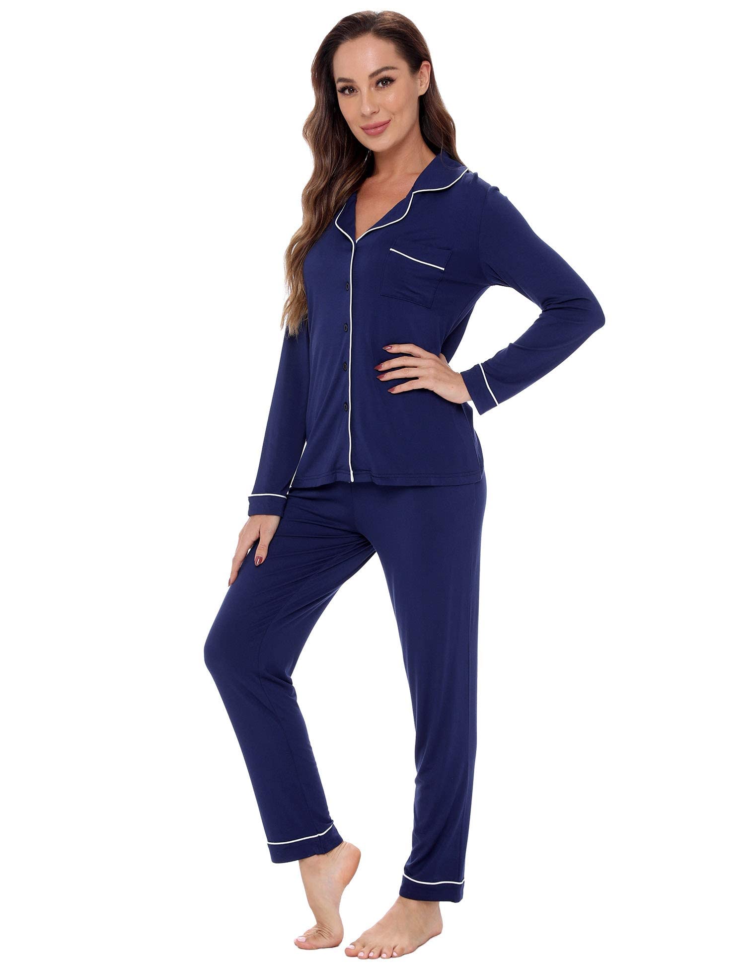 GYS Women's Bamboo Pajama Set - Soft Long Sleeve Sleepwear with Turn Down Neck - Cozy Lounge & Sleepwear for Women - Perfect for Relaxing at Home, Bedtime & Travel