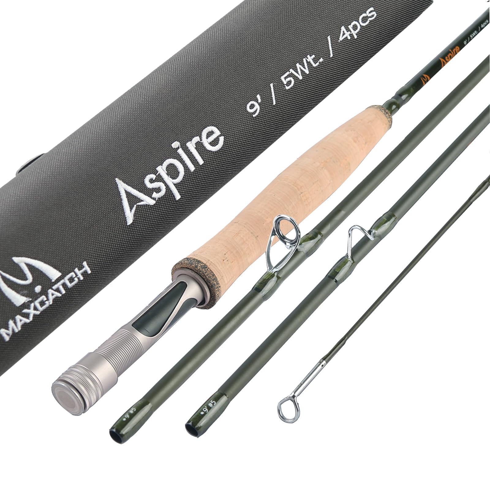 Maxcatch Aspire Fly Fishing Rod - 40T Carbon Fiber, Anodized Reel Seat, 4-Piece (5/6/8 wt) - Perfect for Trout, Bass & Freshwater Fishing