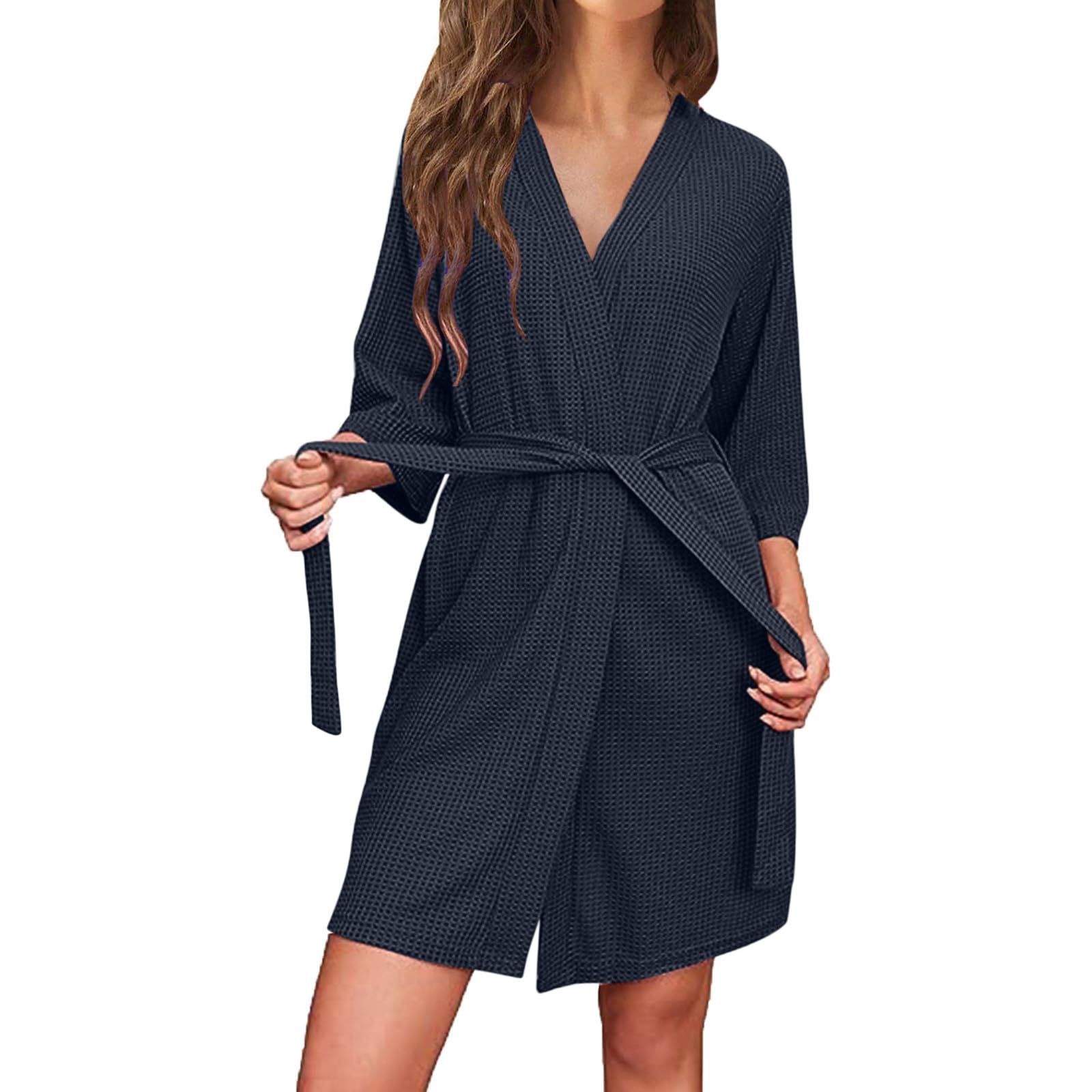 Soft & Cozy Women's Waffle Knit Robe - Lightweight Knee-Length Bathrobe for Spa, Lounge & Home Relaxation | Breathable Cotton Housecoat in Solid Colors