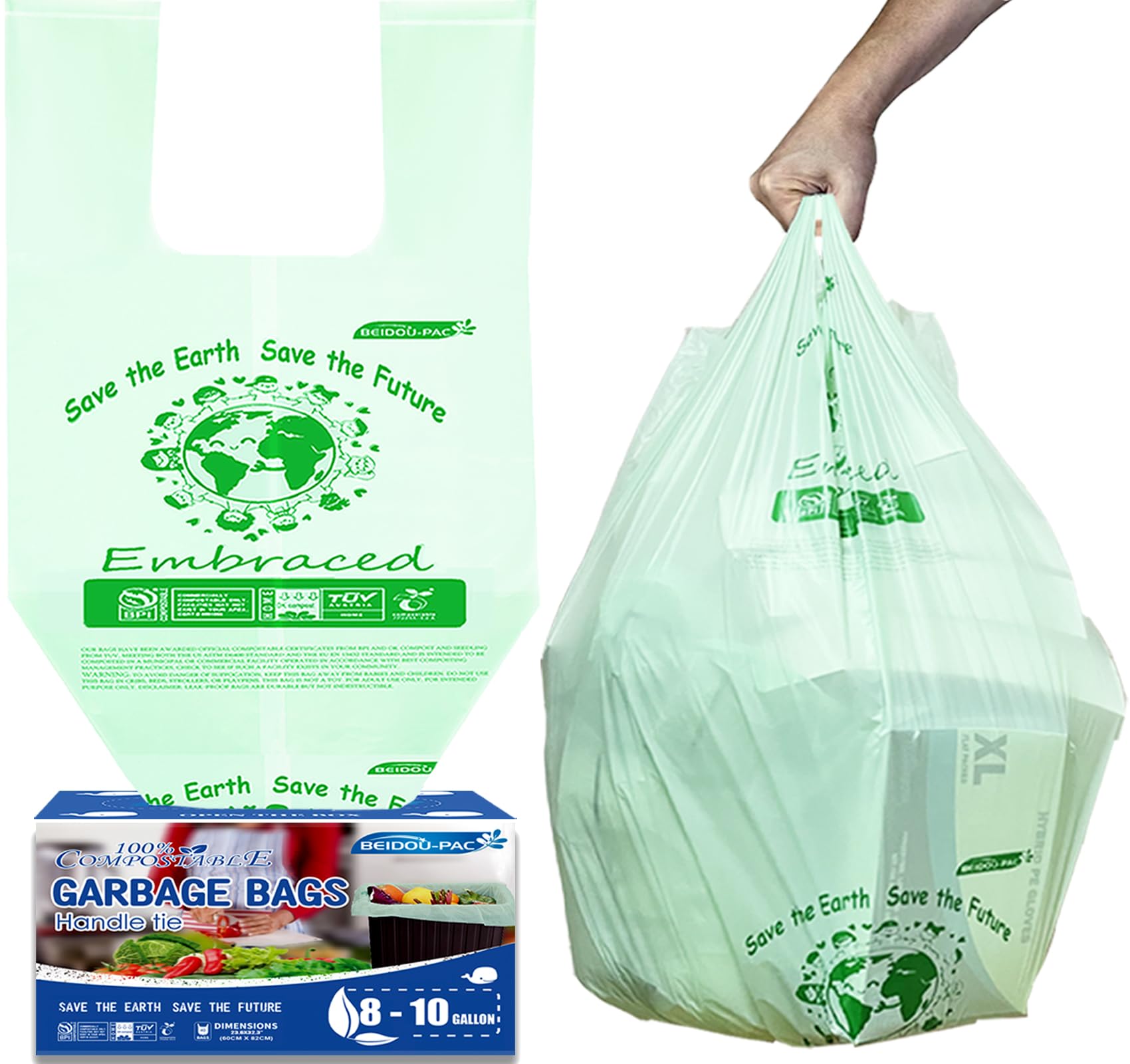 8-10 Gallon Compostable Trash Bags - 40 Count Eco-Friendly Kitchen Waste Bags with Handles | ASTM D6400 & US BPI Certified Biodegradable Garbage Bags for Food Scraps, Yard Waste & Sustainable Home Use