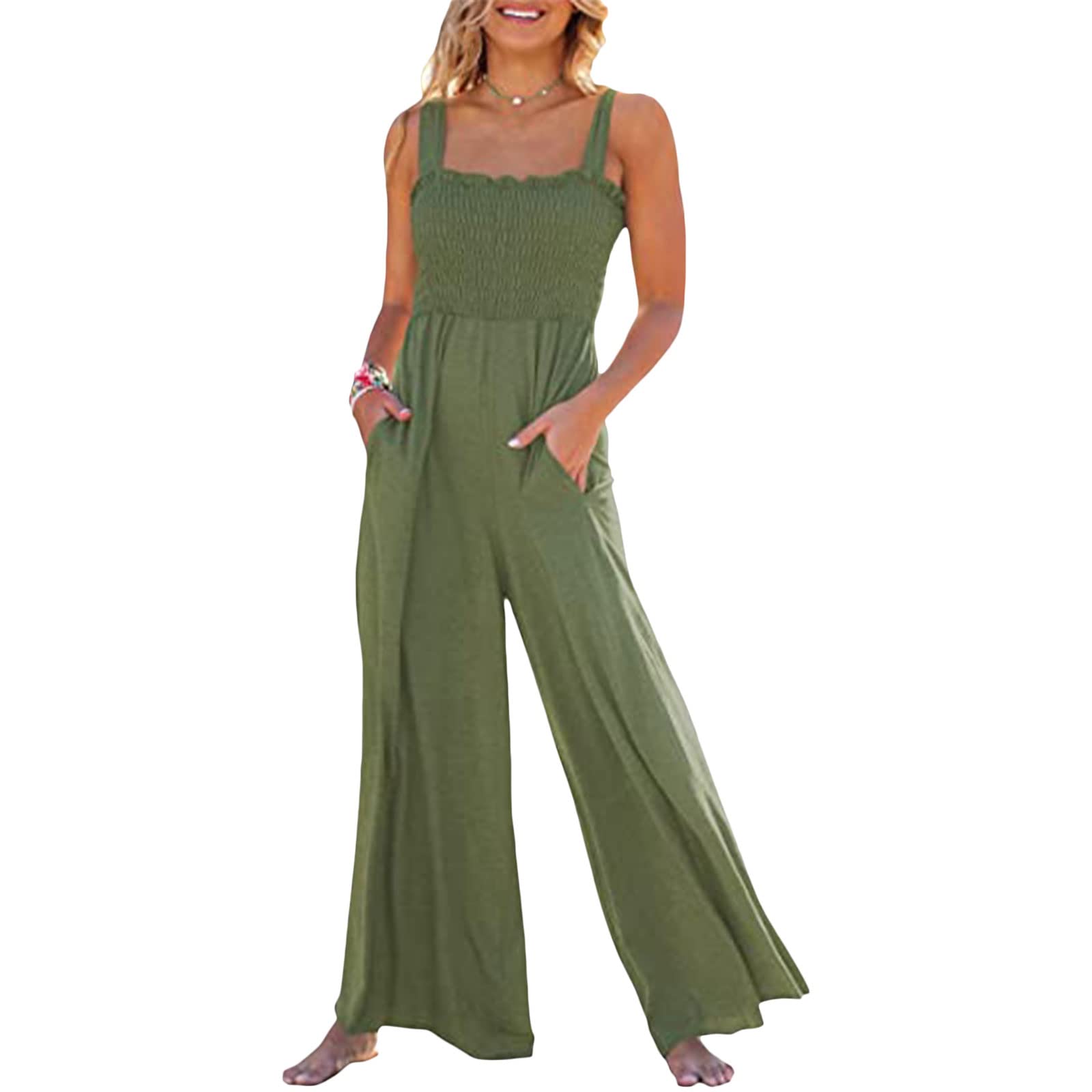 Women's Summer Wide Leg Jumpsuit - Smocked High Waist Casual Romper with Loose Fit | Perfect for Beach Vacations, Brunch Dates & Summer Parties