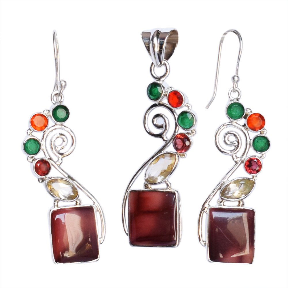 Elegant Mookaite Jasper & Multi Quartz Gemstone 925 Sterling Silver Earrings & Pendant Set - Handcrafted Jewelry for Women | Perfect for Weddings, Parties & Special Occasions
