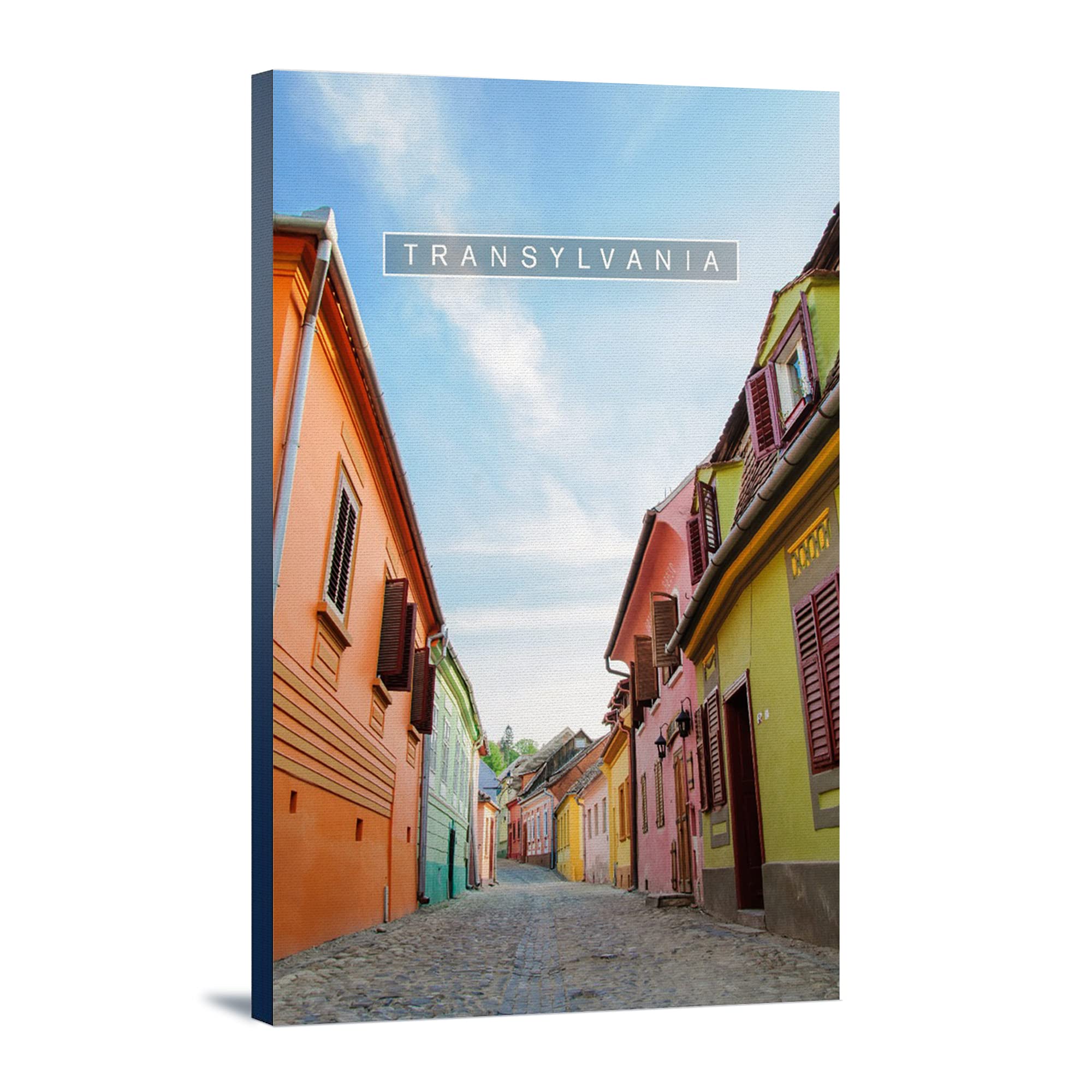 Transylvania Romania Medieval Town Street and Houses - 12x18 Wrapped Canvas Wall Art Decor for Living Room, Bedroom & Office