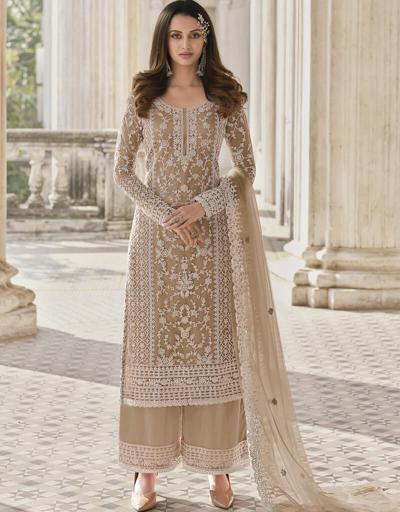 Elegant Brown Palazzo Style Suit with Butterfly Net Design - Perfect for Formal Events, Weddings & Evening Parties