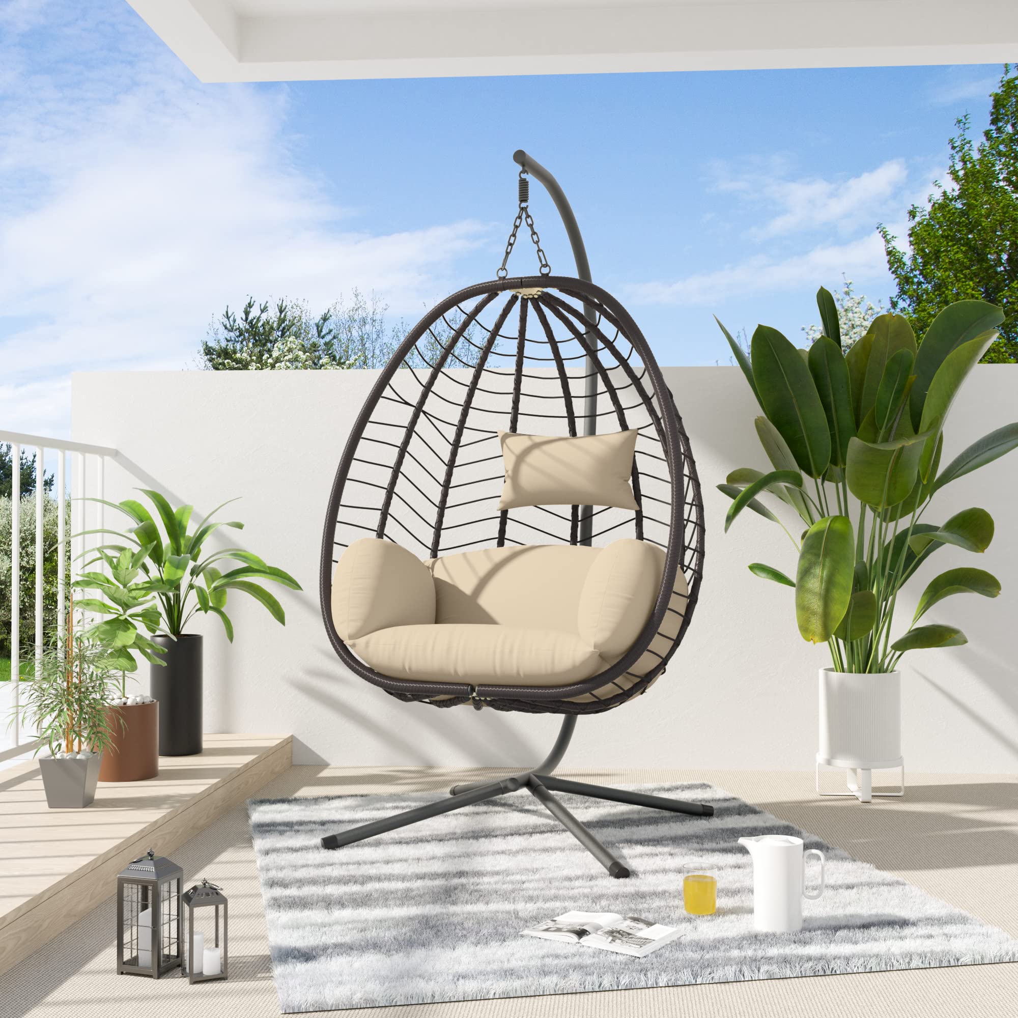 ALAULM 350lbs Capacity Egg Swing Chair - Indoor & Outdoor Wicker Rattan Hanging Chair with Stand, Strong Metal Frame & UV-Resistant Cushions - Perfect for Patio, Balcony, Bedroom, Garden Relaxation (Brown)