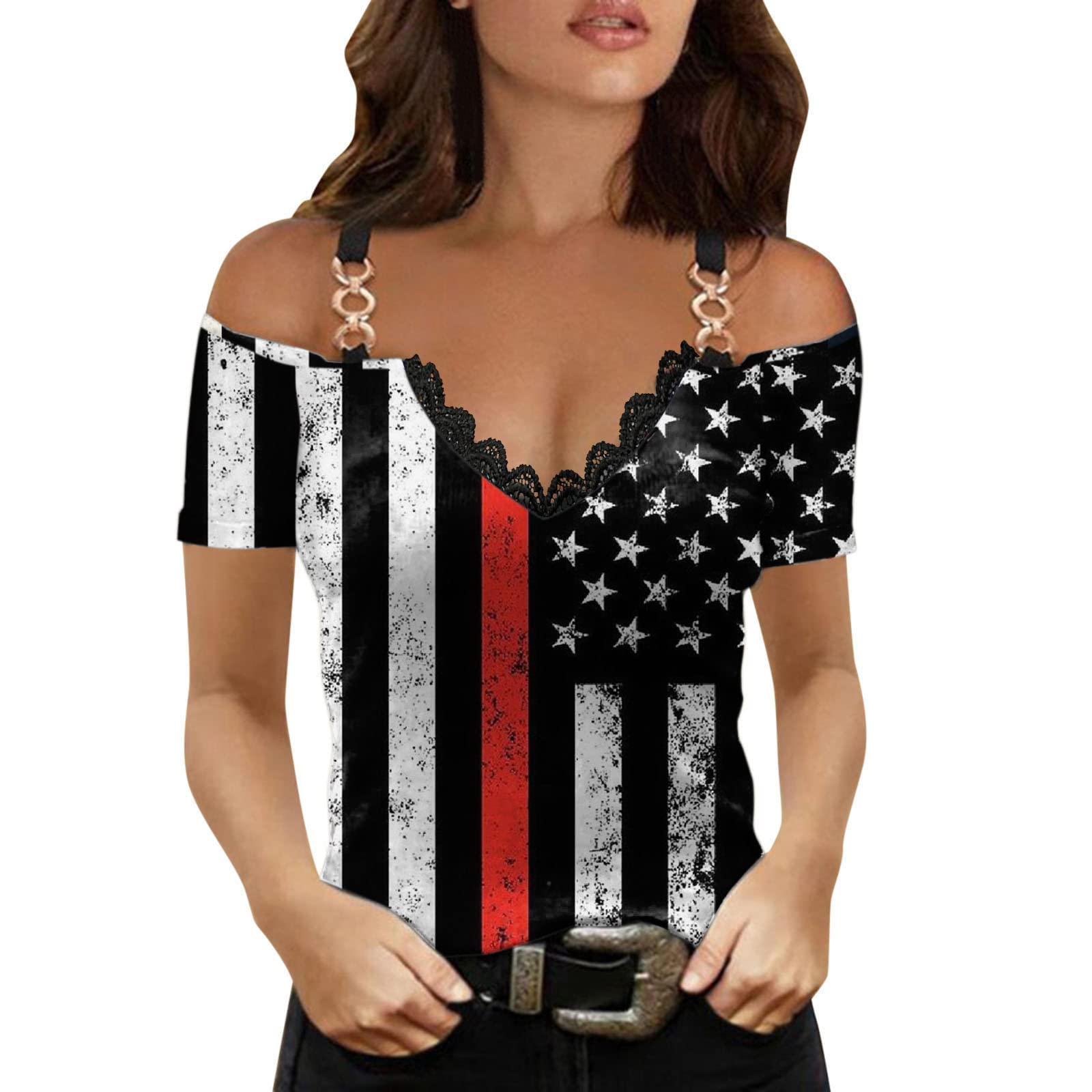Women's Sexy Off Shoulder Tops with Metal Chain Straps - Fashion V-Neck Tunic T-Shirt | American Flag Print Patriotic Tee for 4th of July, Summer Parties & Casual Outfits