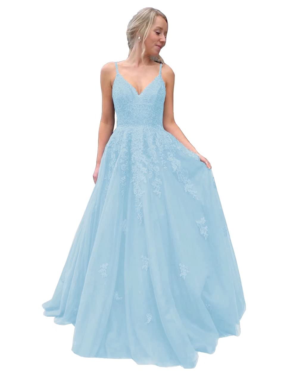 Elegant Mauuwy V-Neck Puffy Spaghetti Strap Prom Dress - Long A-Line Tulle Lace Applique Evening Gown for Women | Formal Dresses for Prom, Homecoming, Wedding Guest & Special Occasions