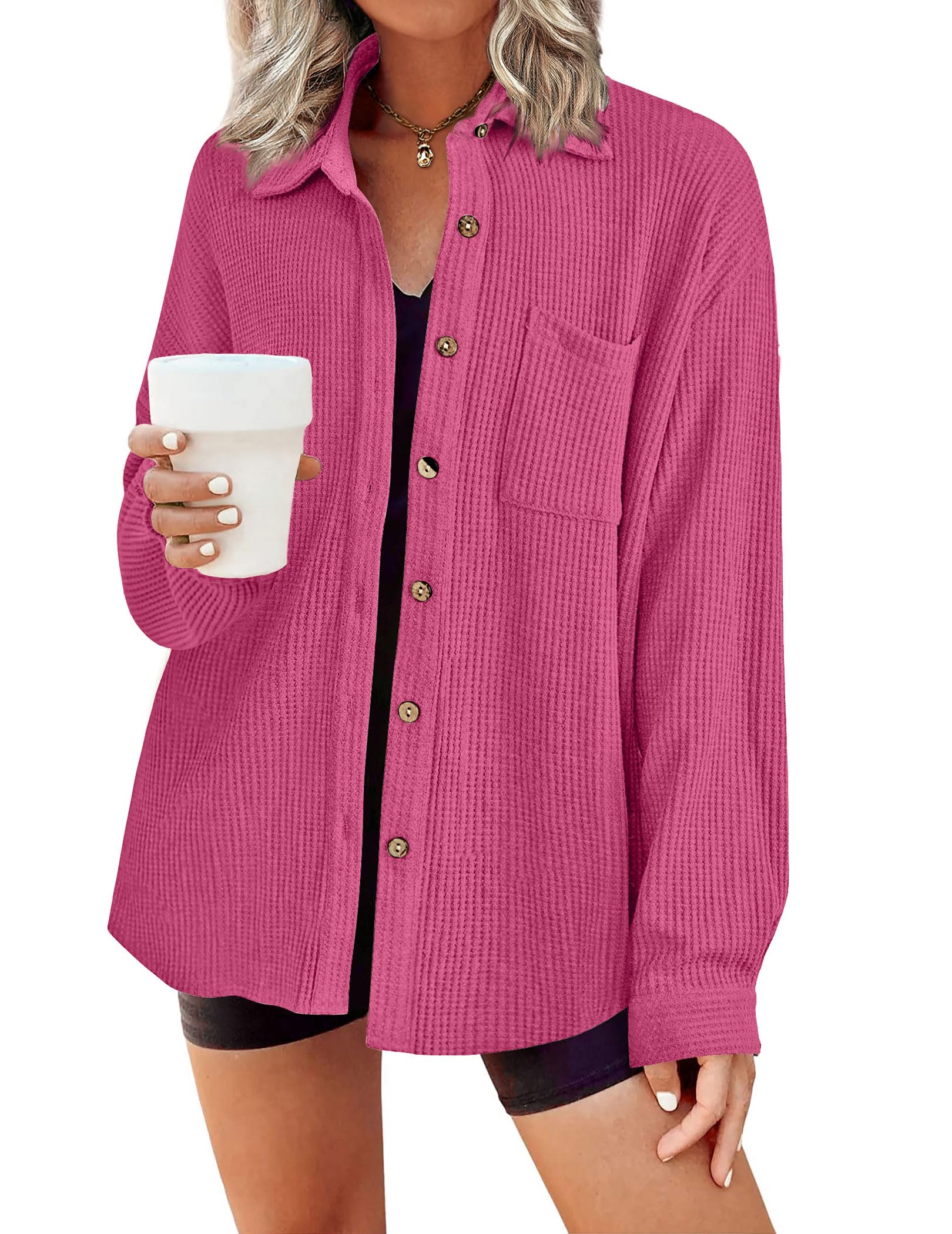 HOTOUCH Women's Waffle Knit Button Down Shirt - Casual Long Sleeve Loose Fit Shacket with Pocket for Fall Layering & Outdoor Activities