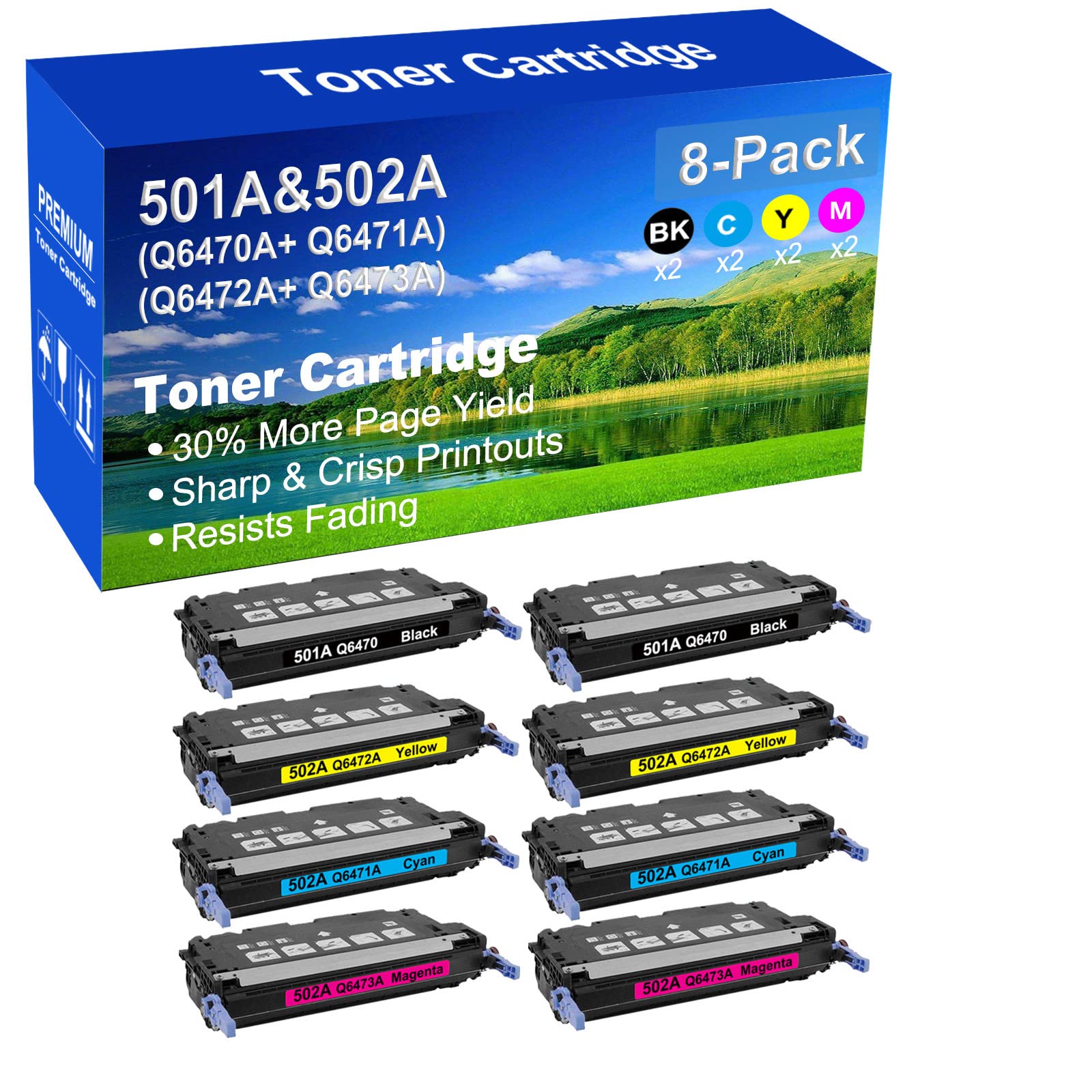 8-Pack (2BK+2C+2Y+2M) High Yield Compatible Toner Cartridge for HP CP3505dn/CP3505n/CP3505x Printers - Replacement for Q6470A/Q6471A/Q6472A/Q6473A - Perfect for Office & Home Printing Needs