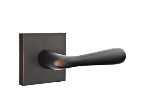 EMTEK Square Rosette Passage Door Handle Set with Matching Basel Lever - Left/Right Handing & 6 Finish Options (5110BARHUS10B) - Right Handed RH - Oil Rubbed Bronze US10B - Perfect for Bedroom, Bathroom & Interior Doors