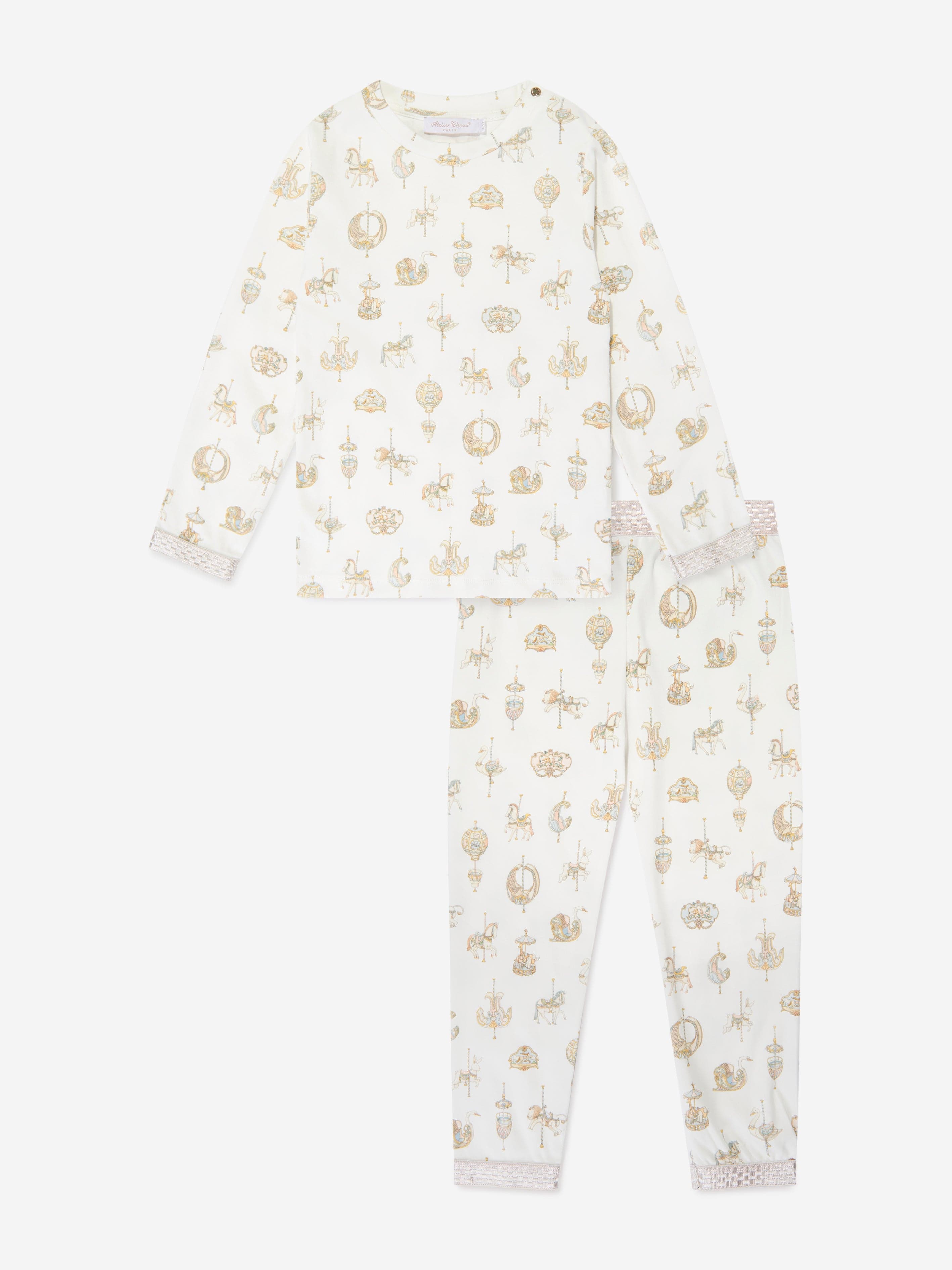 Atelier Choux Premium Kids Carousel Loungewear Set - Soft Cotton White Pajamas for Boys & Girls | Perfect for Sleepovers, Nursery & Cozy Bedtime