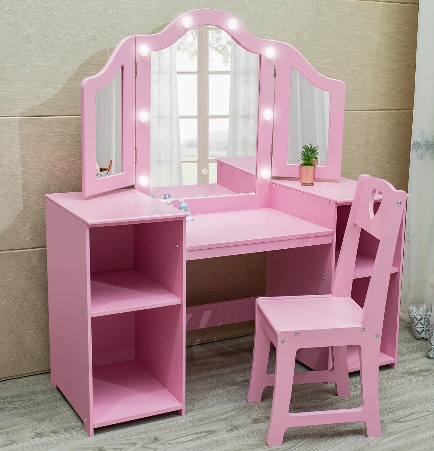 **Princess Vanity Table for Girls - Kids Wooden Makeup Playset with Touch Light, Detachable Tri-Folding Mirror & Open Storage Shelves - Perfect for Pretend Play, Dress-Up & Room Decor**