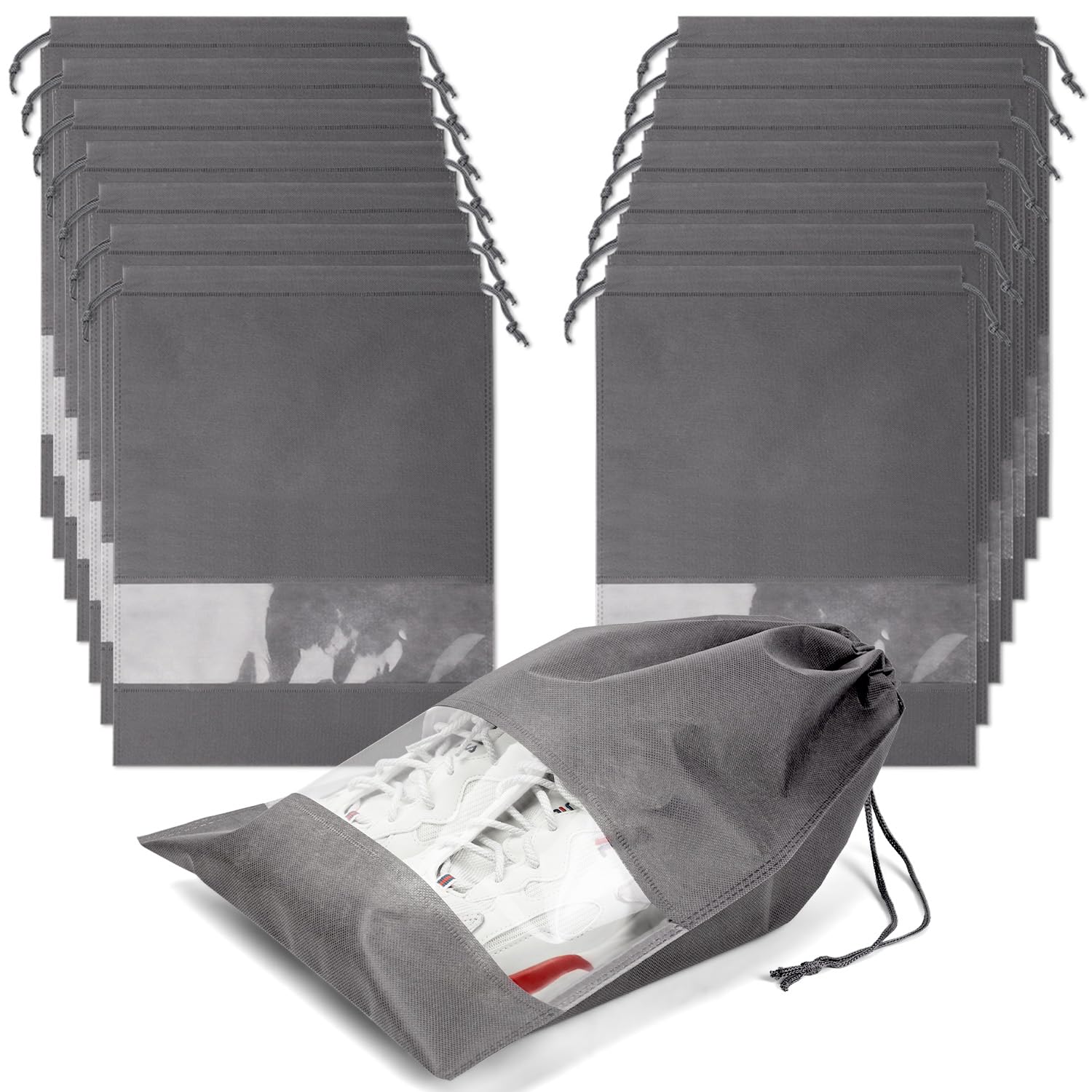15-Pack Non-Woven Shoe Storage Bags with Clear Windows & Drawstring - Dustproof Travel Shoe Organizer for Men & Women (Gray) - Perfect for Home Organization, Gym, and Airplane Carry-Ons