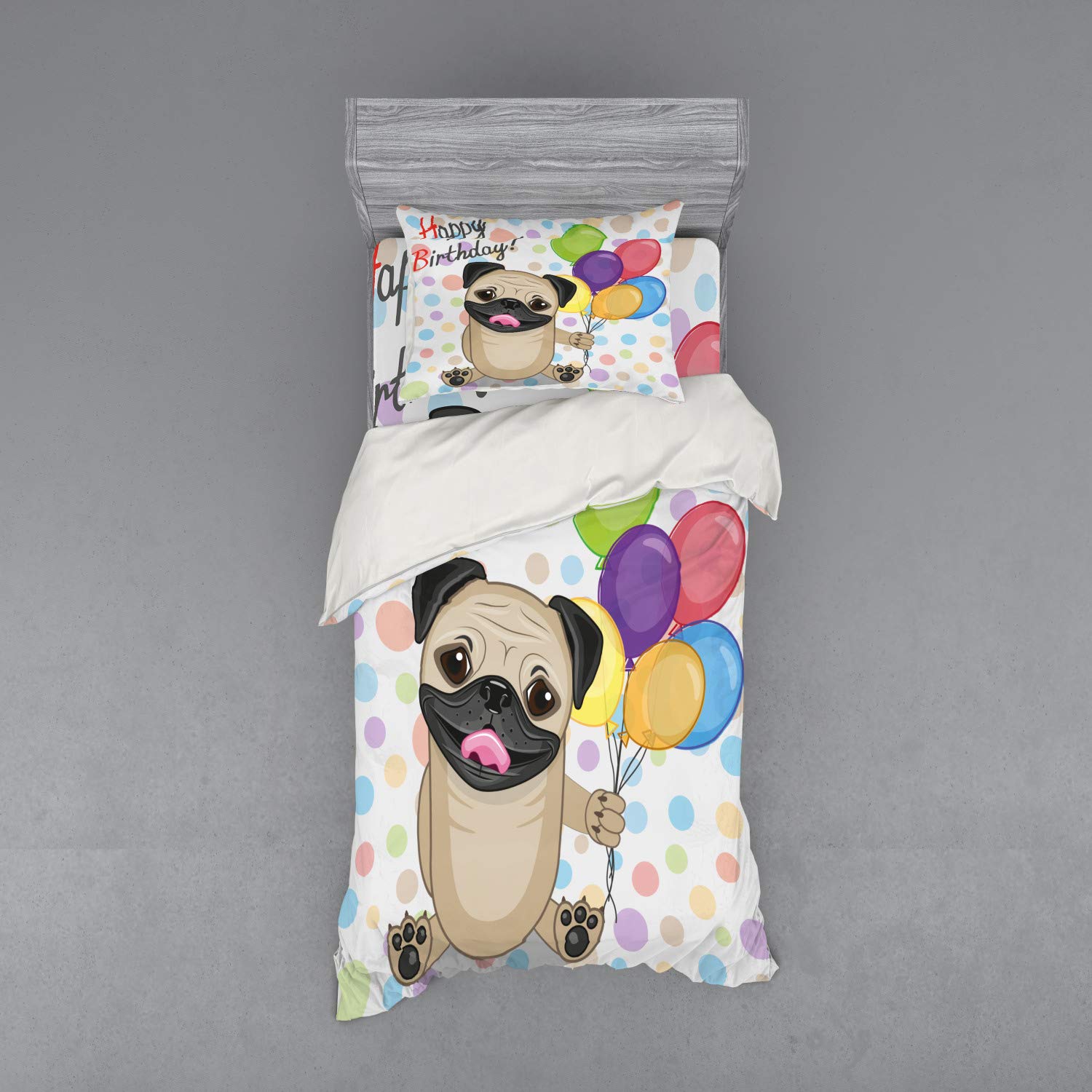 Ambesonne Dog Themed Birthday Bedding Set - 3 Piece Twin Size Duvet Cover with Sham & Fitted Sheet - Cute Smiling Pug with Party Balloons Design - Perfect for Kids' Rooms, Birthday Gifts & Pet Lover Decor