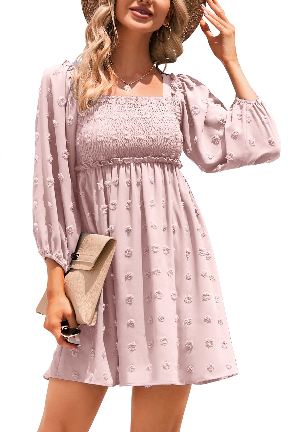 Coololi Women's Swiss Dot Floral Square Neck Boho Dress with Lantern Sleeves - Summer Tunic Sundress for Beach, Vacation & Casual Outings