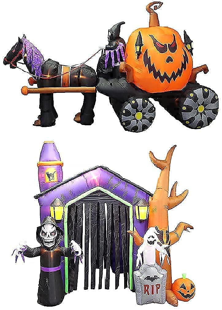 11.5ft Inflatable Grim Reaper Pumpkin Carriage & 8.5ft Haunted House Halloween Decorations Bundle - LED Light Up Outdoor/Indoor Party Decor for Yard, Porch, and Spooky Events